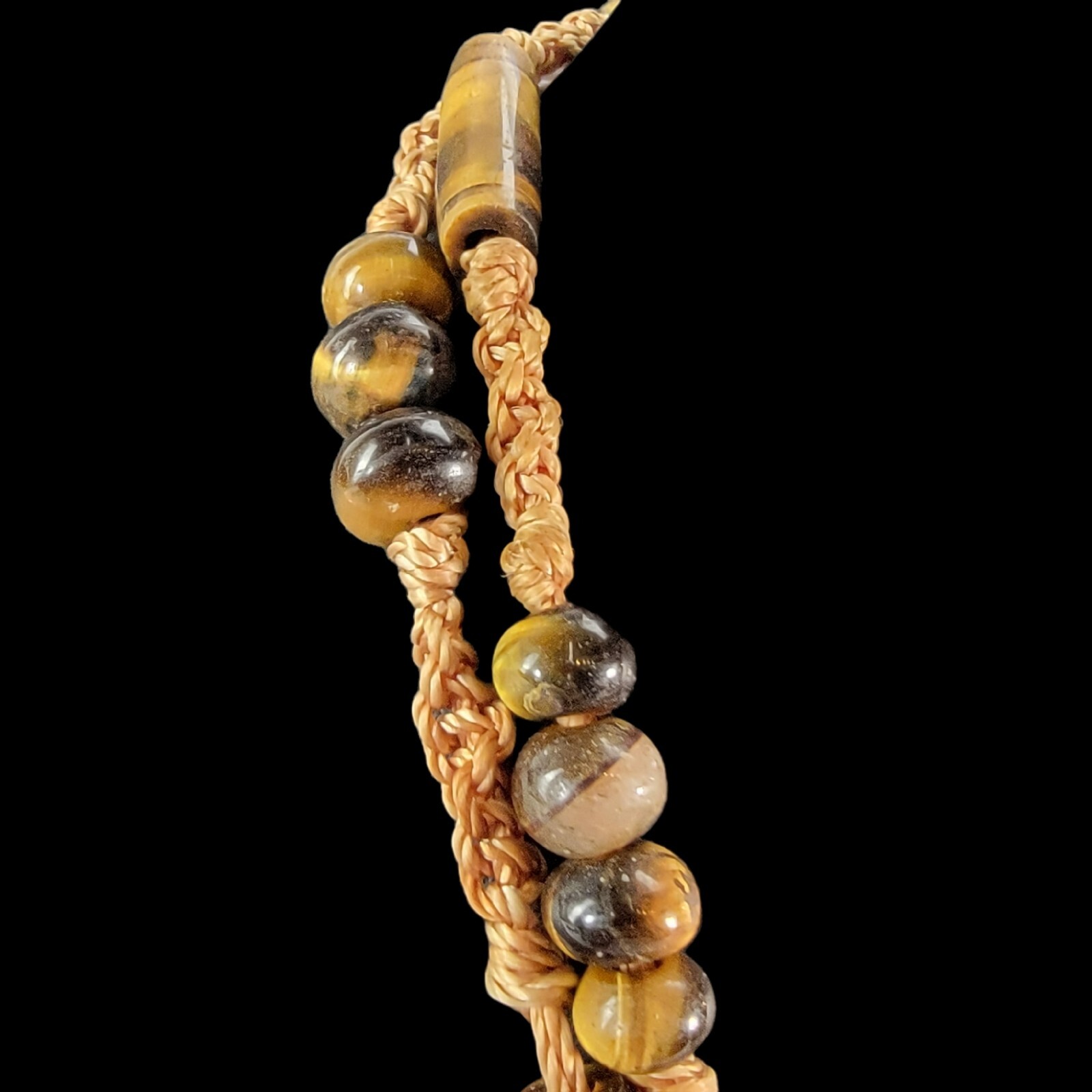 1970s Bohemian Macrame Silk Cord Necklace Double Strand Tiger Eye Beaded 38″