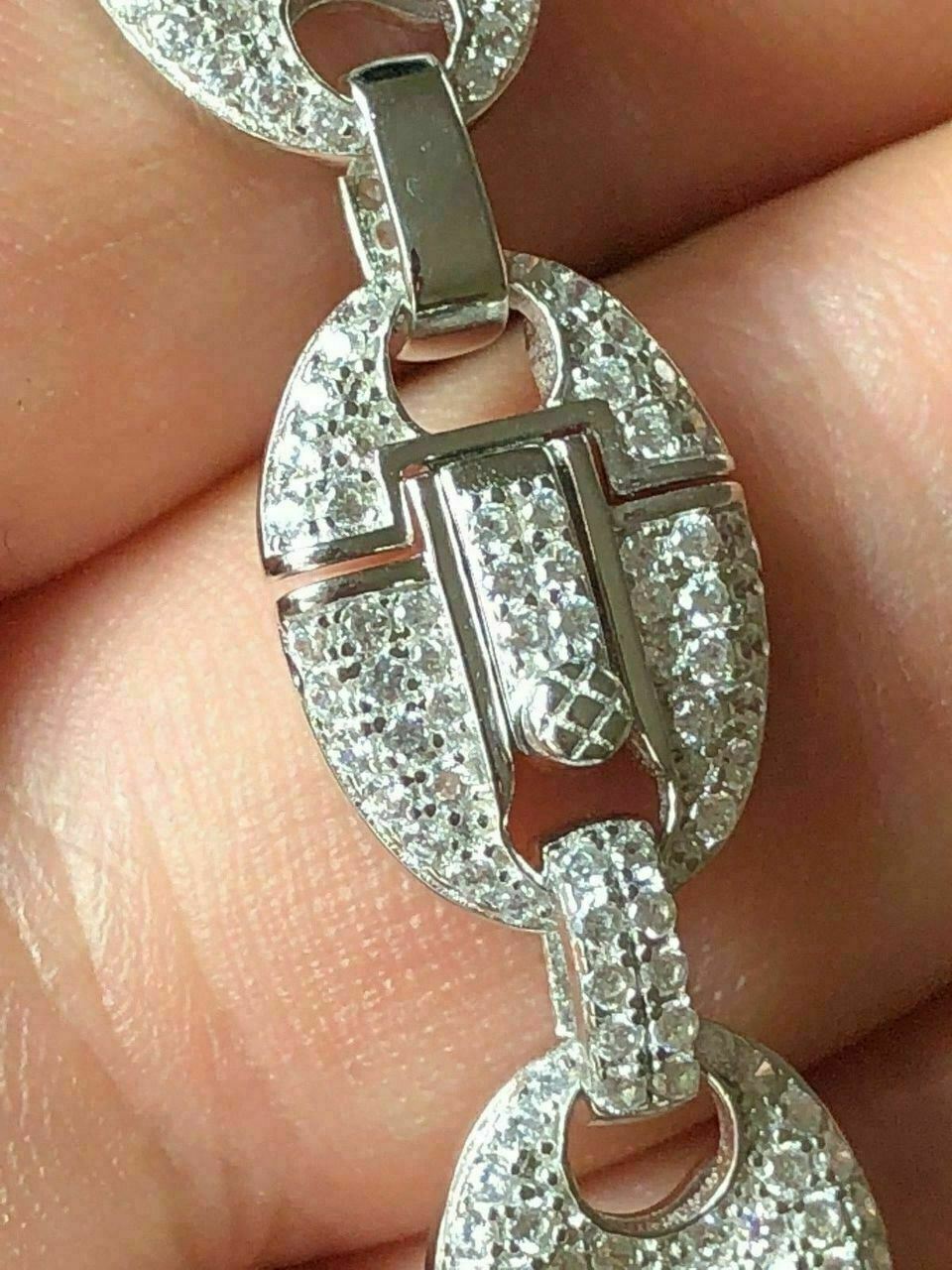 Solid 925 Silver Mens Puffed Mariner Link Chain CZ Hip Hop Iced
