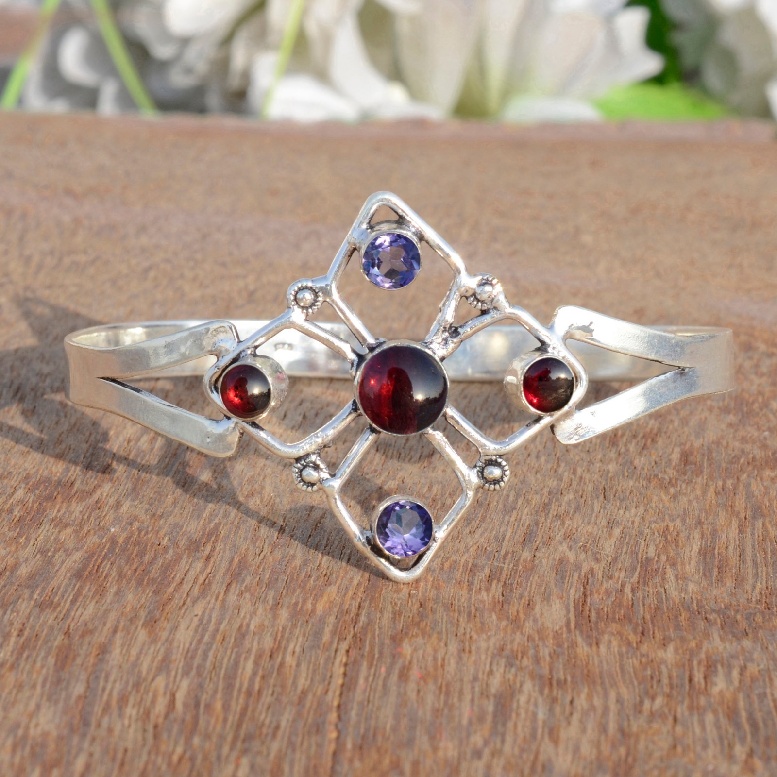 Mozambique Garnet Amethyst Cut Gemstone 925 Sterling Silver Stylish Bangle Cuff