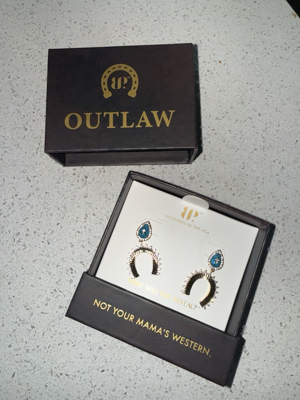 Outlaw Western Horseshoe Dangle Earrings Turquoise Teardrop Crystal Hook