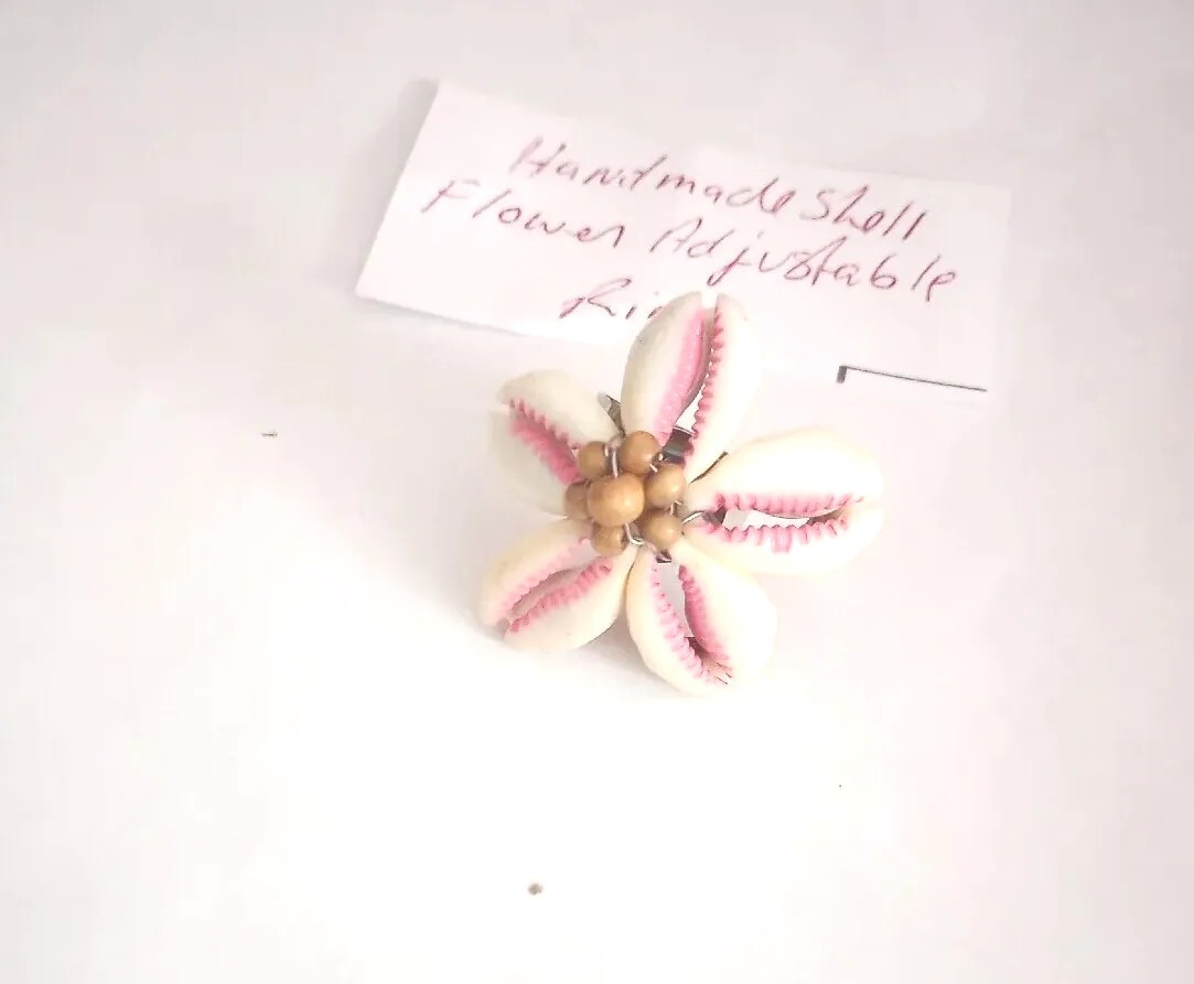Hand Made Shell Flower White ,Pink, Brown Silver Tone Adjustable Ring