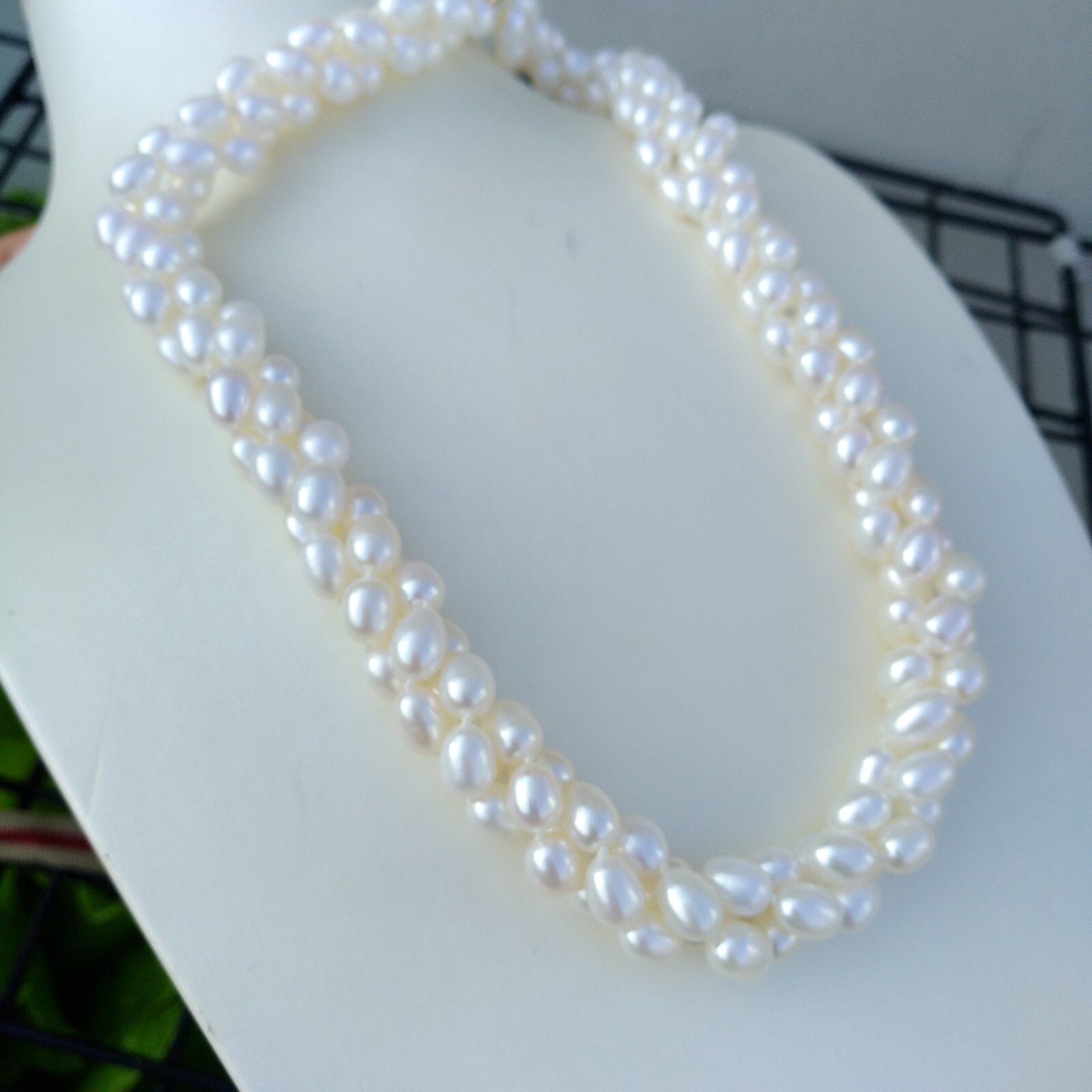 Fine 3 Rows Twist AAA+ Natural Akoya White Oval Pearl Necklace 17in 14k Gold P