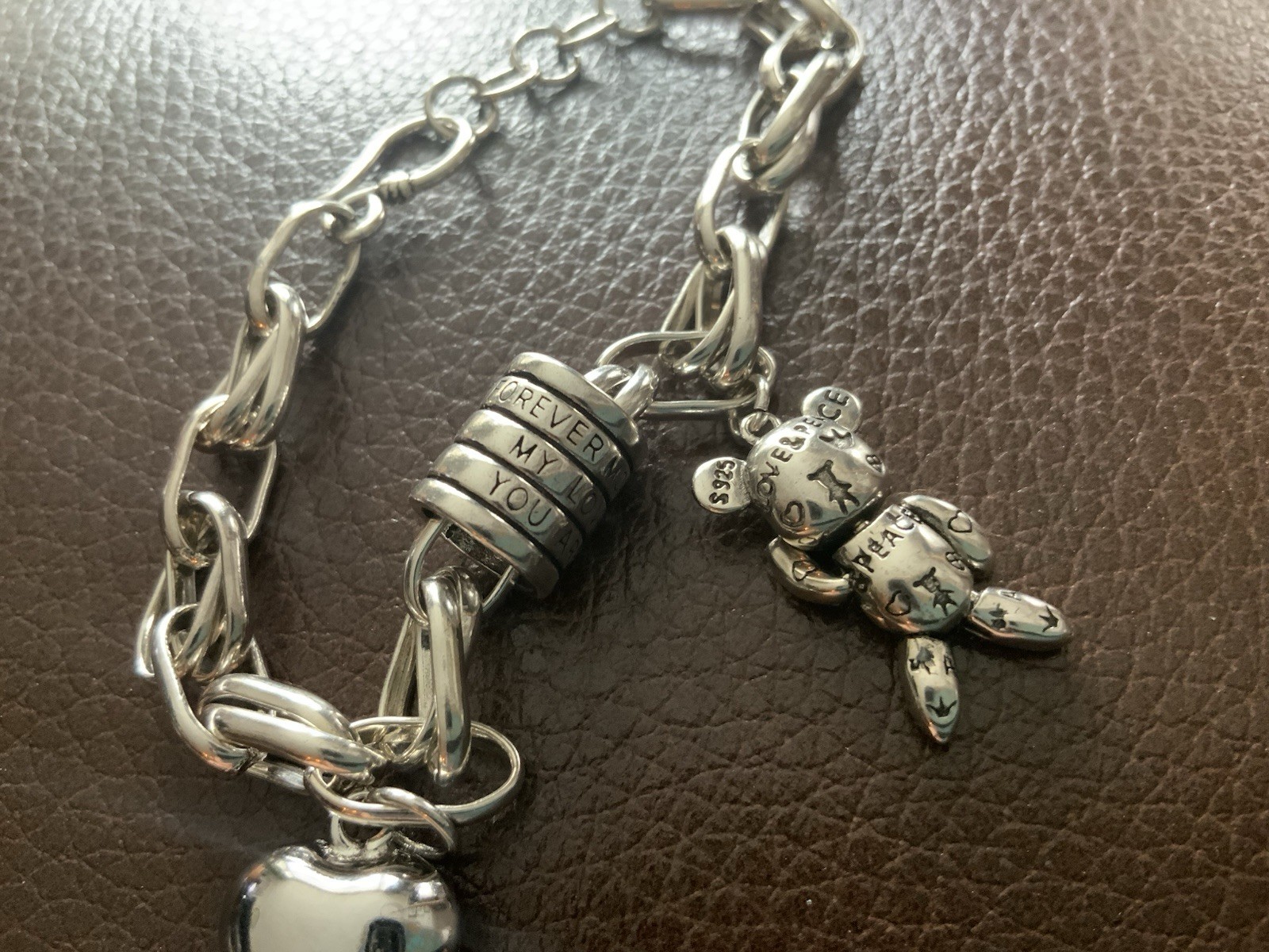 Silver Teddy Bear Heart Charm Bracelet Y2K Tous STYLE Boho Chain Love Peace VTG