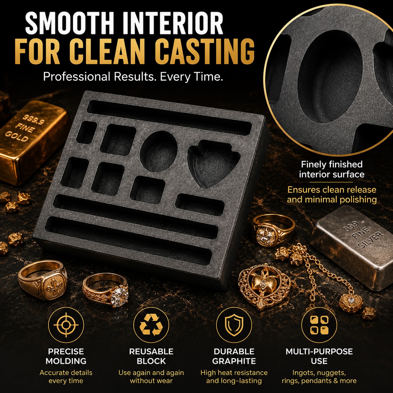 Graphite Ingot Casting Mold 4x4in Gold Silver Copper Bar Coin Tool Block Set Die