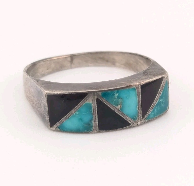 Vintage Sterling Silver Turquoise Black Inlay Geometric Ring Native Size 6.5