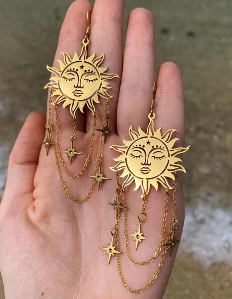 Vintage Boho Sun Earrings Dangle Drop Pendant Gold Tone Copper Style 2 Pcs