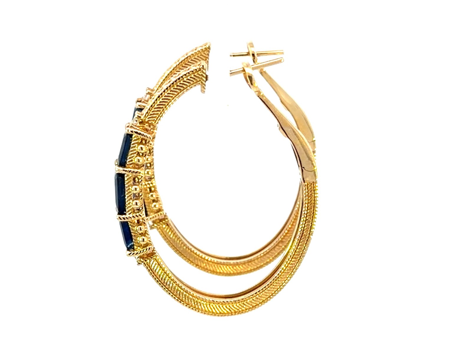 Judith Ripka Emerald Cut Sapphire Diamond Hoop Earrings 14k Yellow Gold