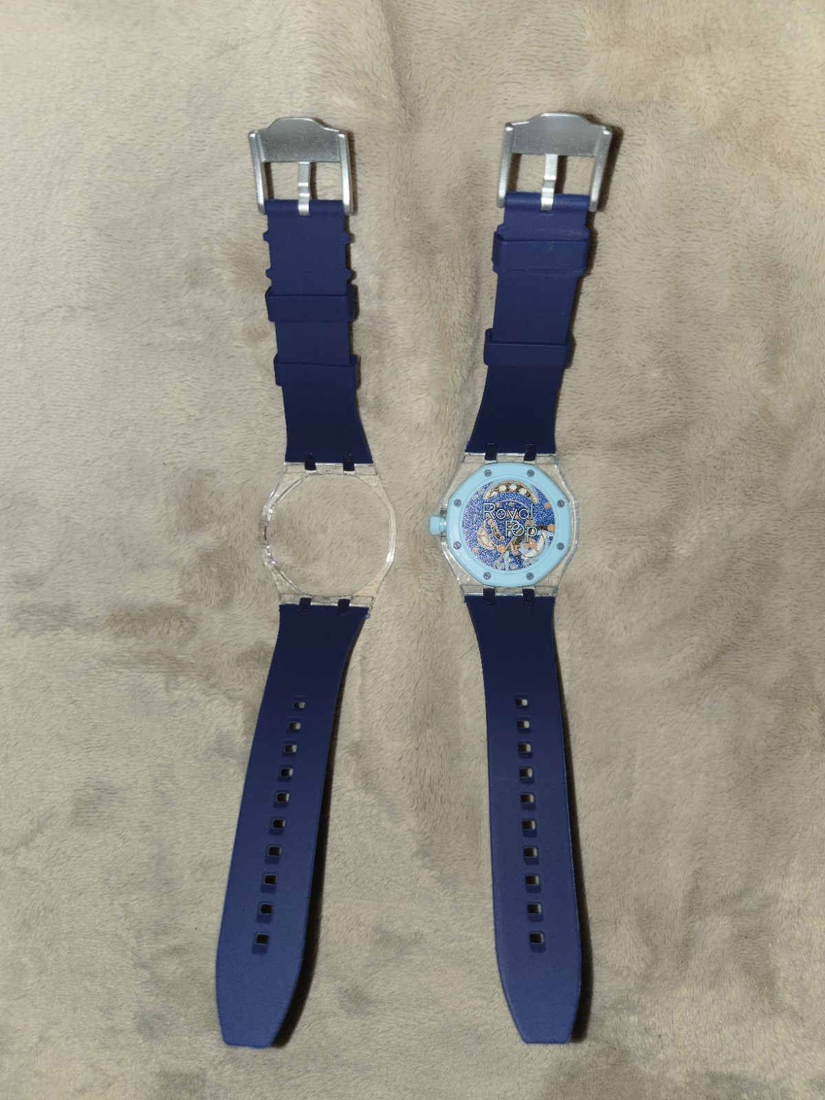 AP x Swatch Mod Kit 3 O’Clock Crown Royal Oak Style Clear Case Blue Strap