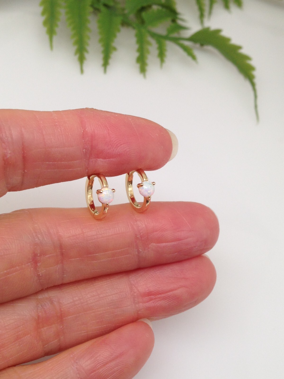 925 Sterling Silver White Opal Huggie Hoop Earrings VERY SMALL 10mm/7.8mm x1mm