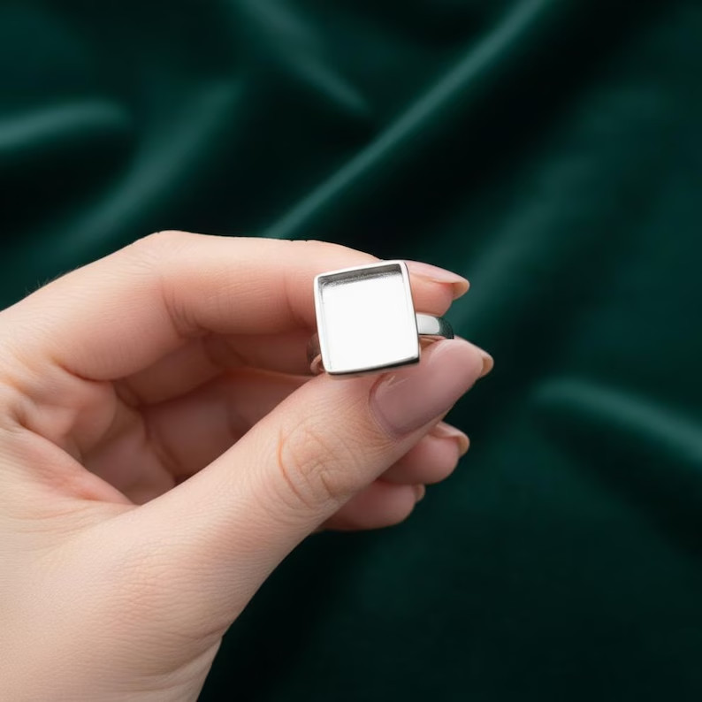 Solid 925 Sterling Silver 8x8mm Rectangle Bezel Cup Ring DIY Jewelry Setting