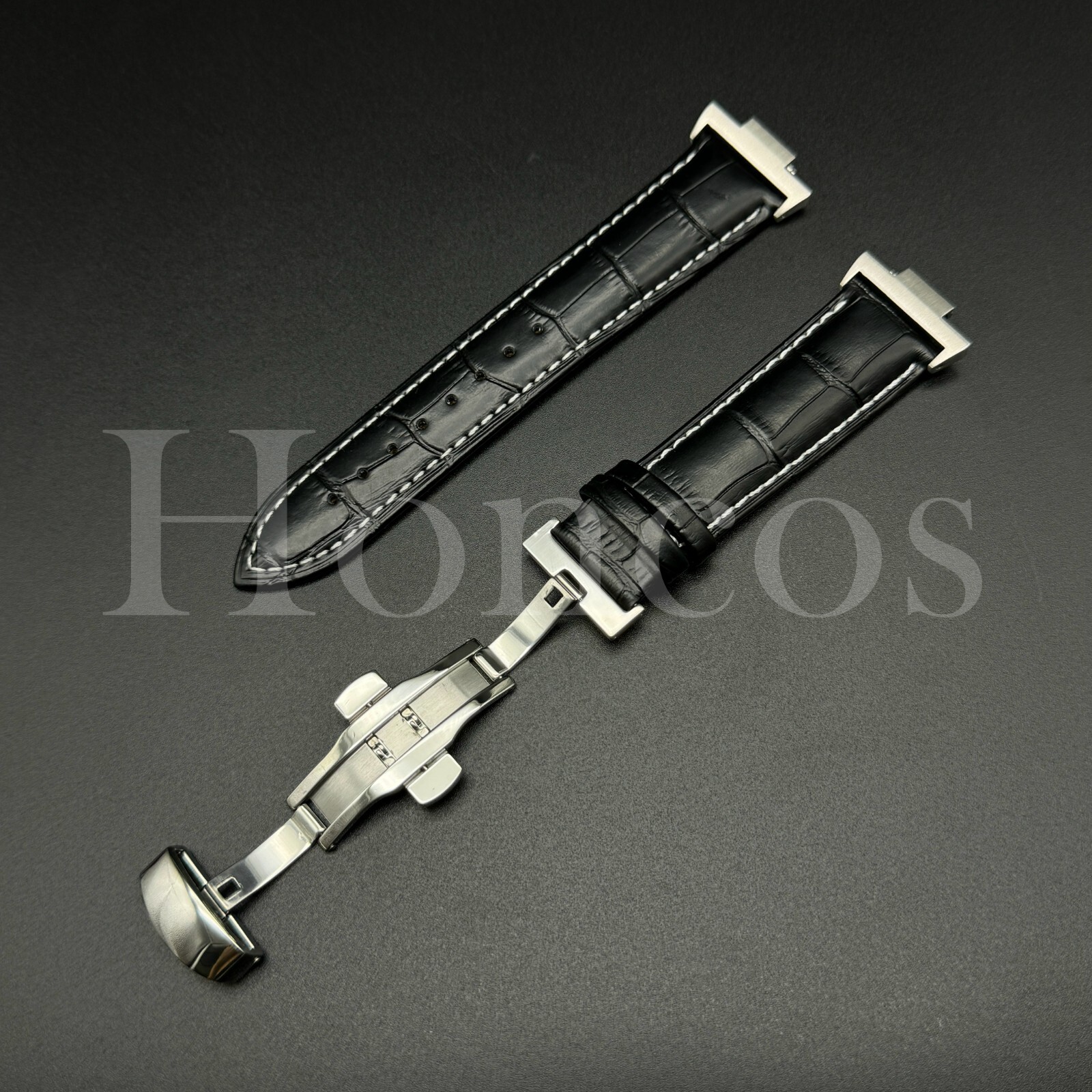 Genuine Leather Alligator Watch Strap Fits for Tissot PRX Clasp+Adapter Black/WT