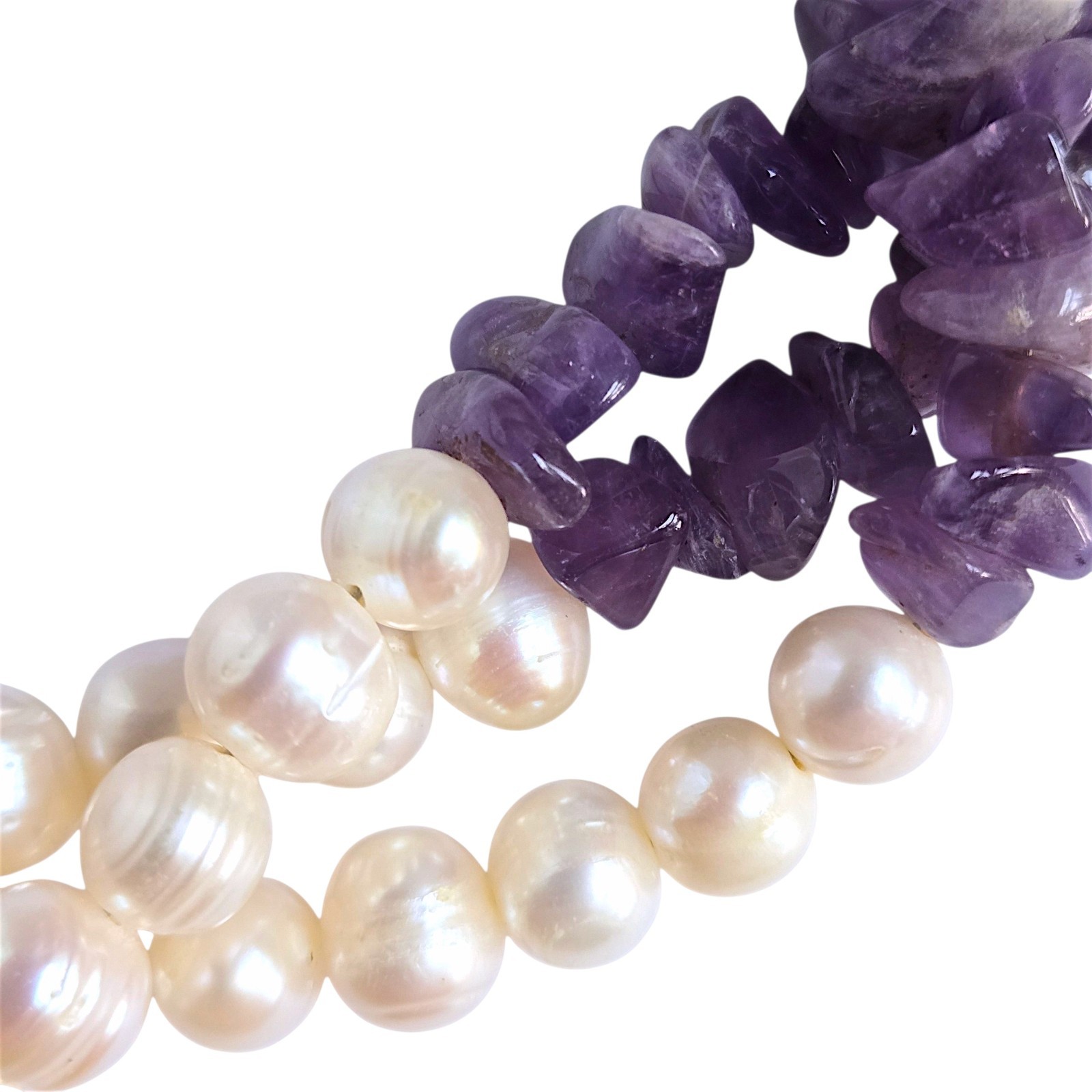 Freshwater Pearl Amethyst Multi Strand Necklace Sterling Toggle Purple White 18″