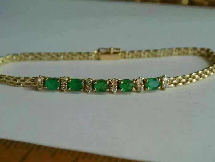 4.00 Ct Oval Cut Natural Emerald Tennis Bracelet 14K Solid Yellow Gold