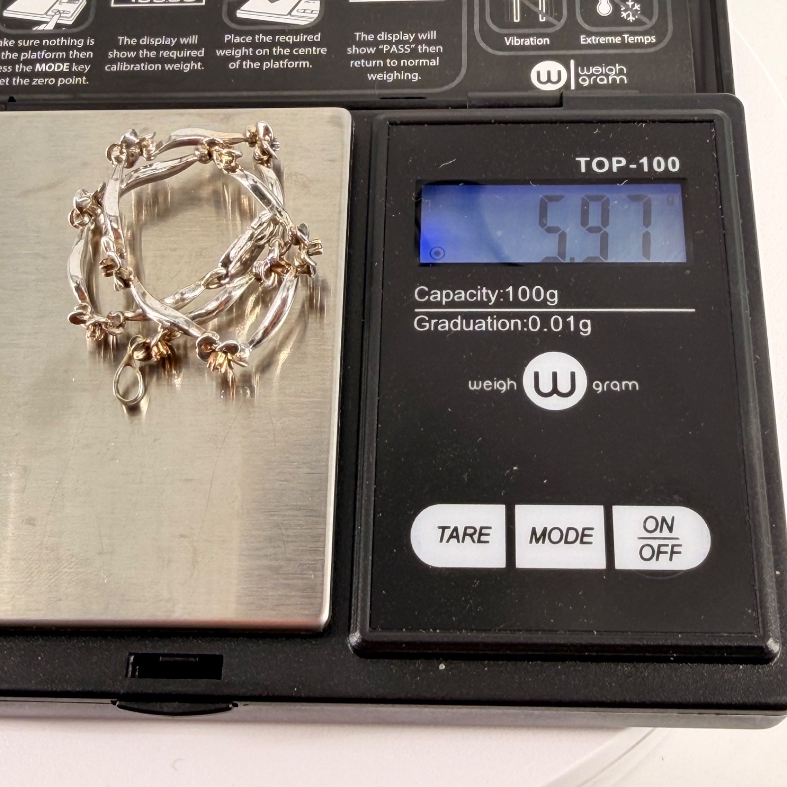 925 Sterling Silver Gold Flower Diamond 10K Gold Accent Hinge Link Bracelet 6.5″