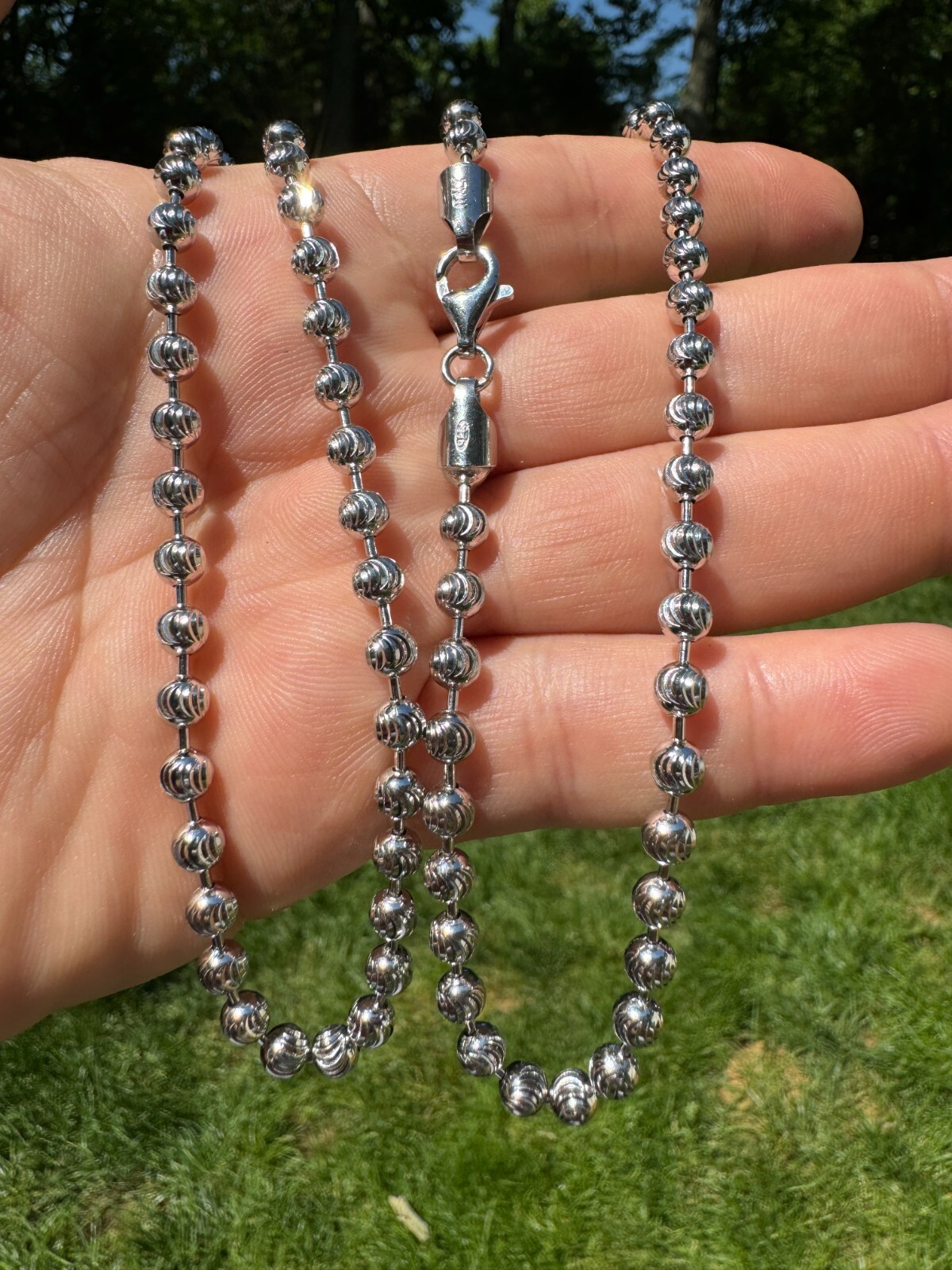 Ball Moon Chain Necklace SOLID 925 Silver Rhodium Finish Hip Hop Diamond Cut