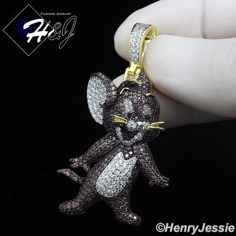 925 STERLING SILVER ICY BLING CZ GOLD PLATED JERRY MOUSE CARTOON PENDANT*GP444