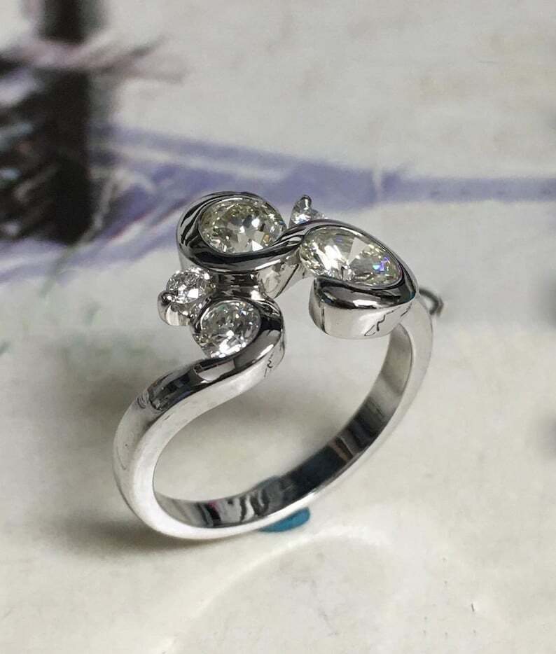 Unique Round Cut Moissanite Bubble Style Engagement Ring in 935 Argentium Silver
