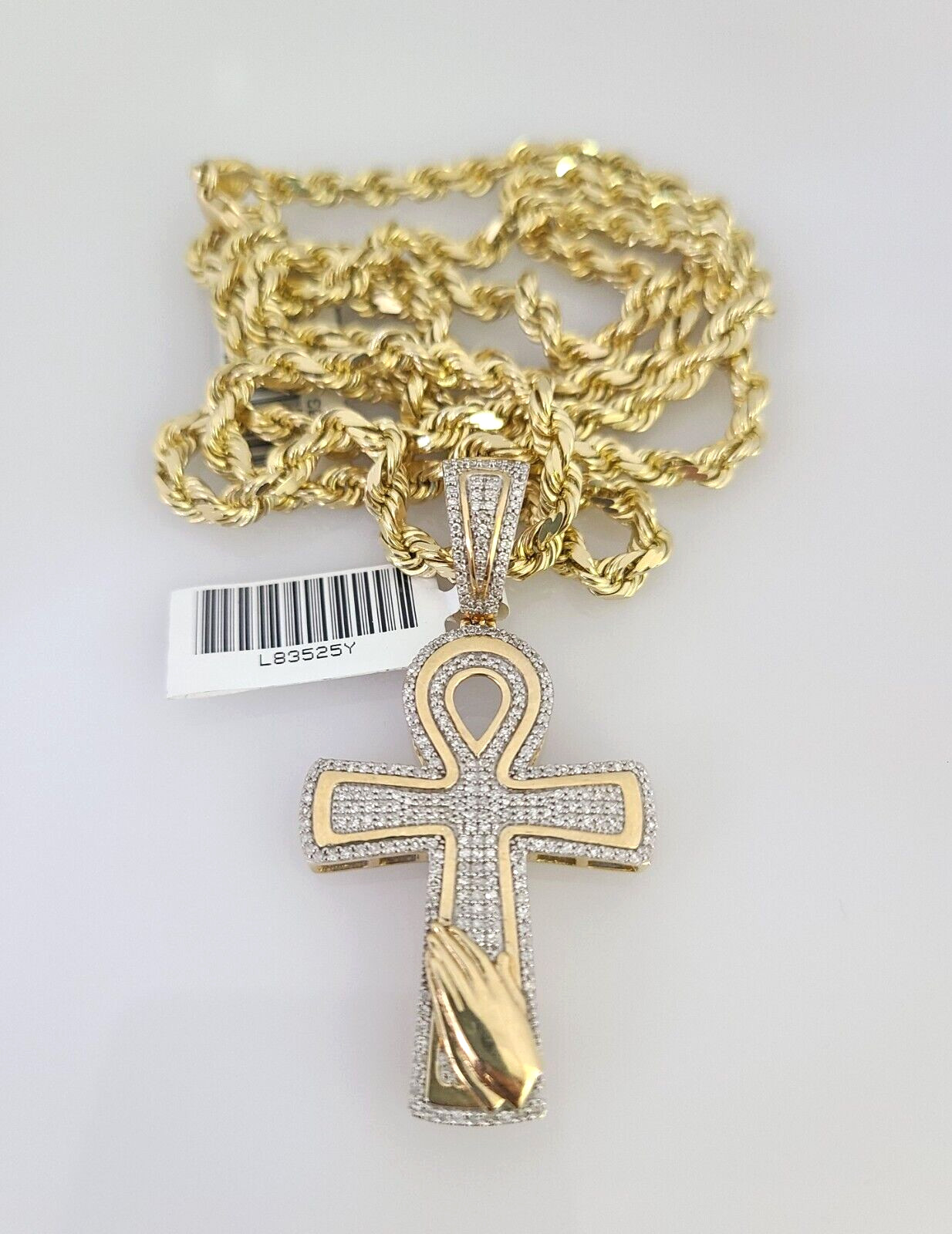 10k Solid Rope Chain Ankh Cross Charm Diamond Set 4mm 20″-28″ Necklace Gold
