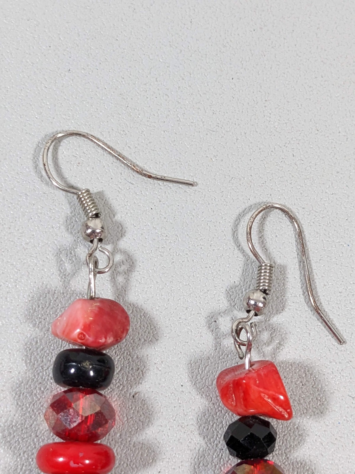 Artisan Red Black Stone Glass Stacked Bead Dangle Hook Earrings