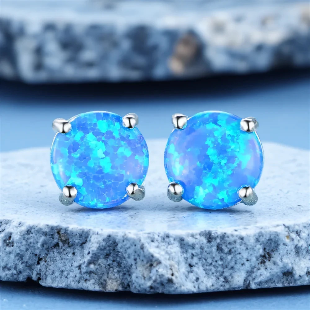 925 Sterling Silver Blue Fire Opal Round Stud Earrings 6mm Women Girls Gift