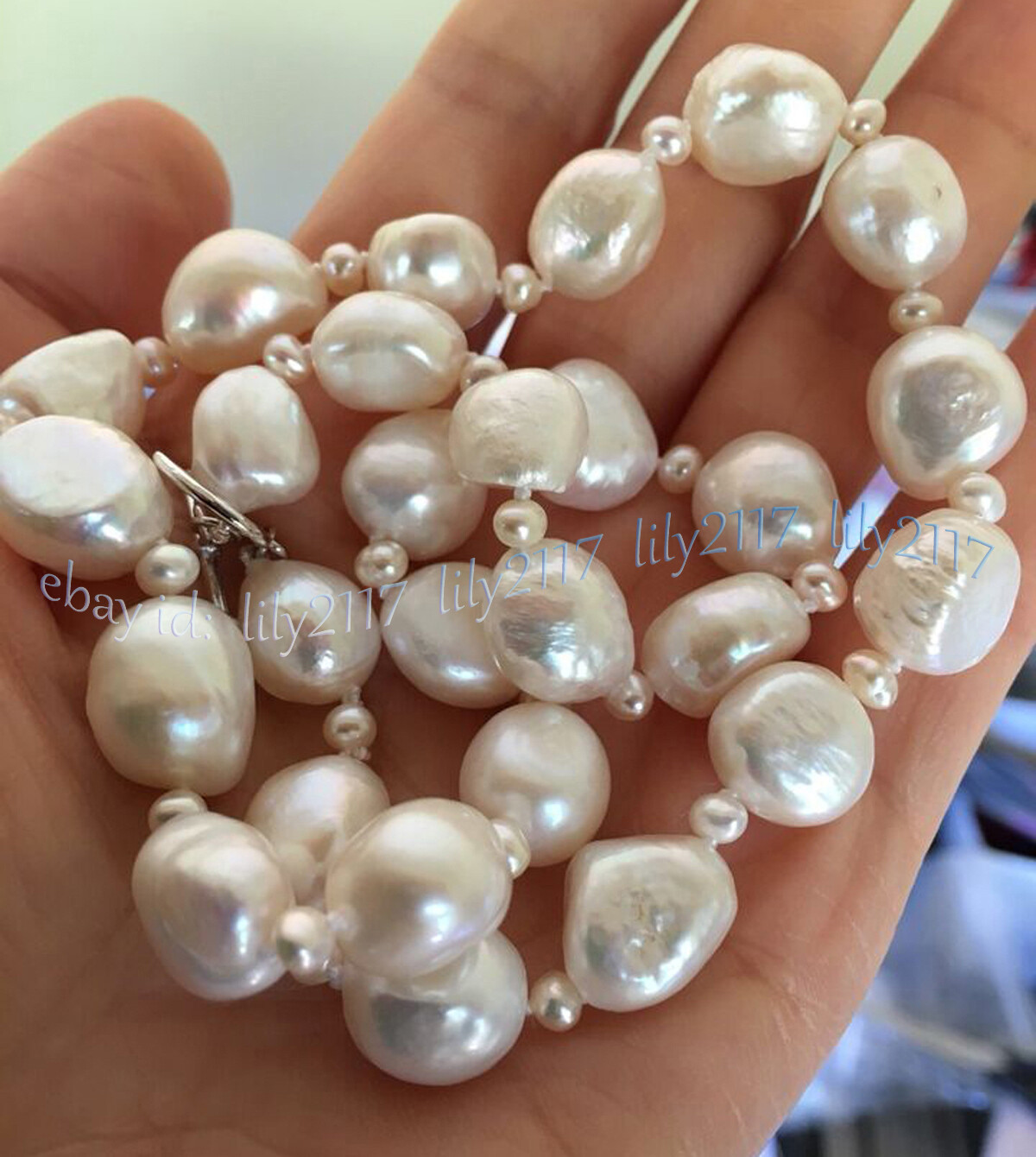 High Luster 9-10mm Real Natural White Baroque Freshwater Pearl Necklace 14-36”