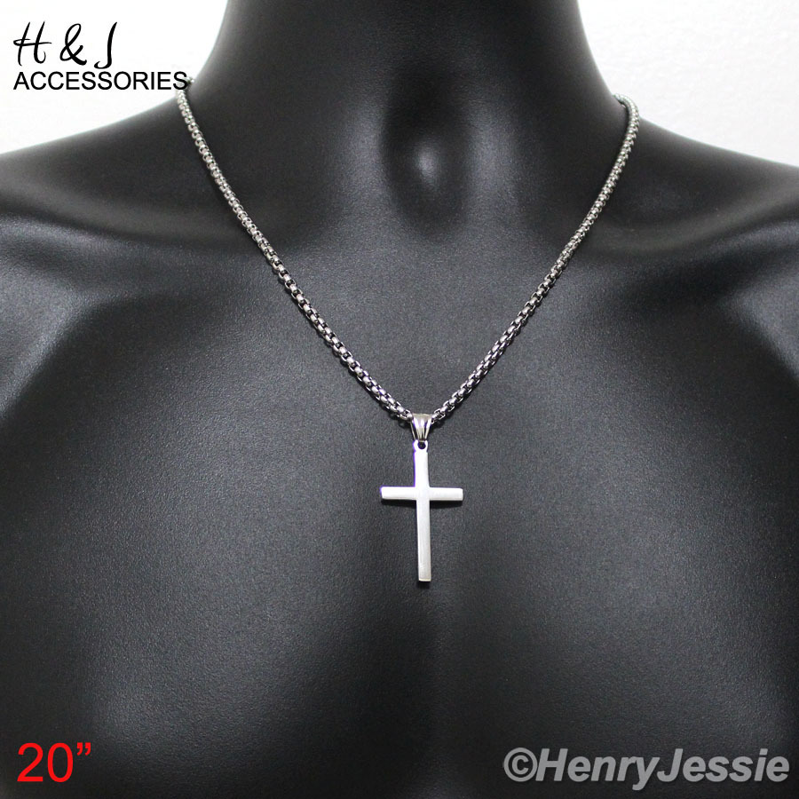 20″MEN Stainless Steel 3mm Silver Box Link Chain Necklace Simple Cross Pendant*P