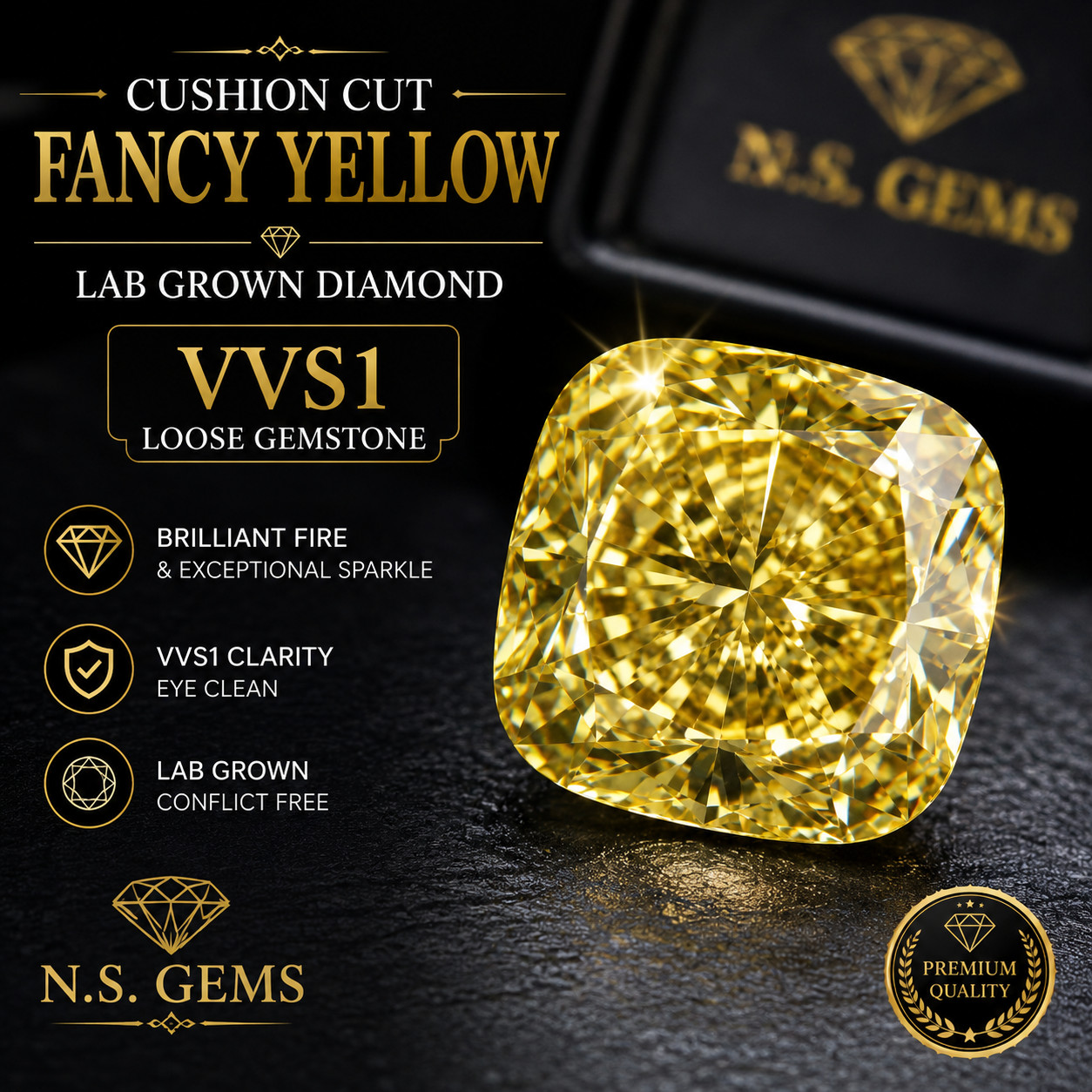 4 Ct Cushion Cut Fancy Yellow Lab Grown Diamond VVS1 Loose Gemstone.