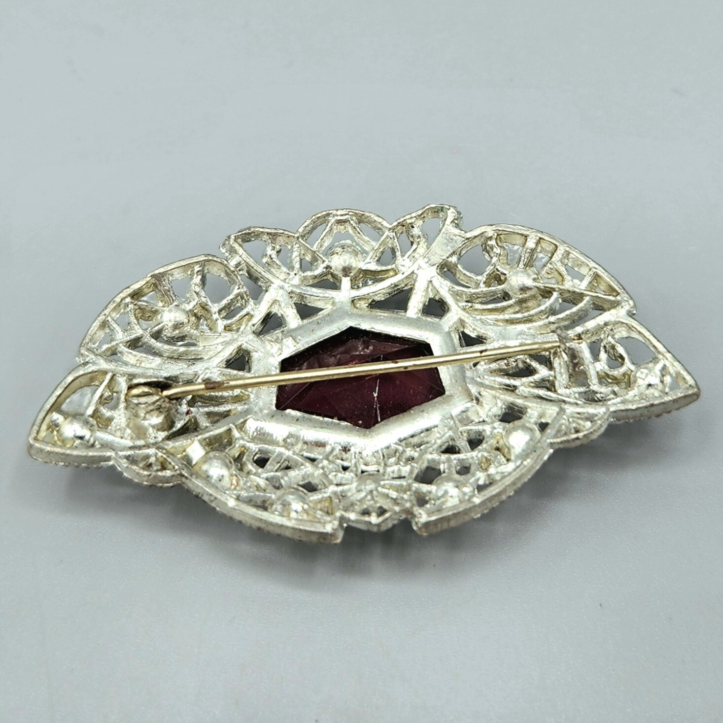 Art Deco Little Nemo L/M Signed Purple Hexagon Glass & Paste Pot Metal Brooch