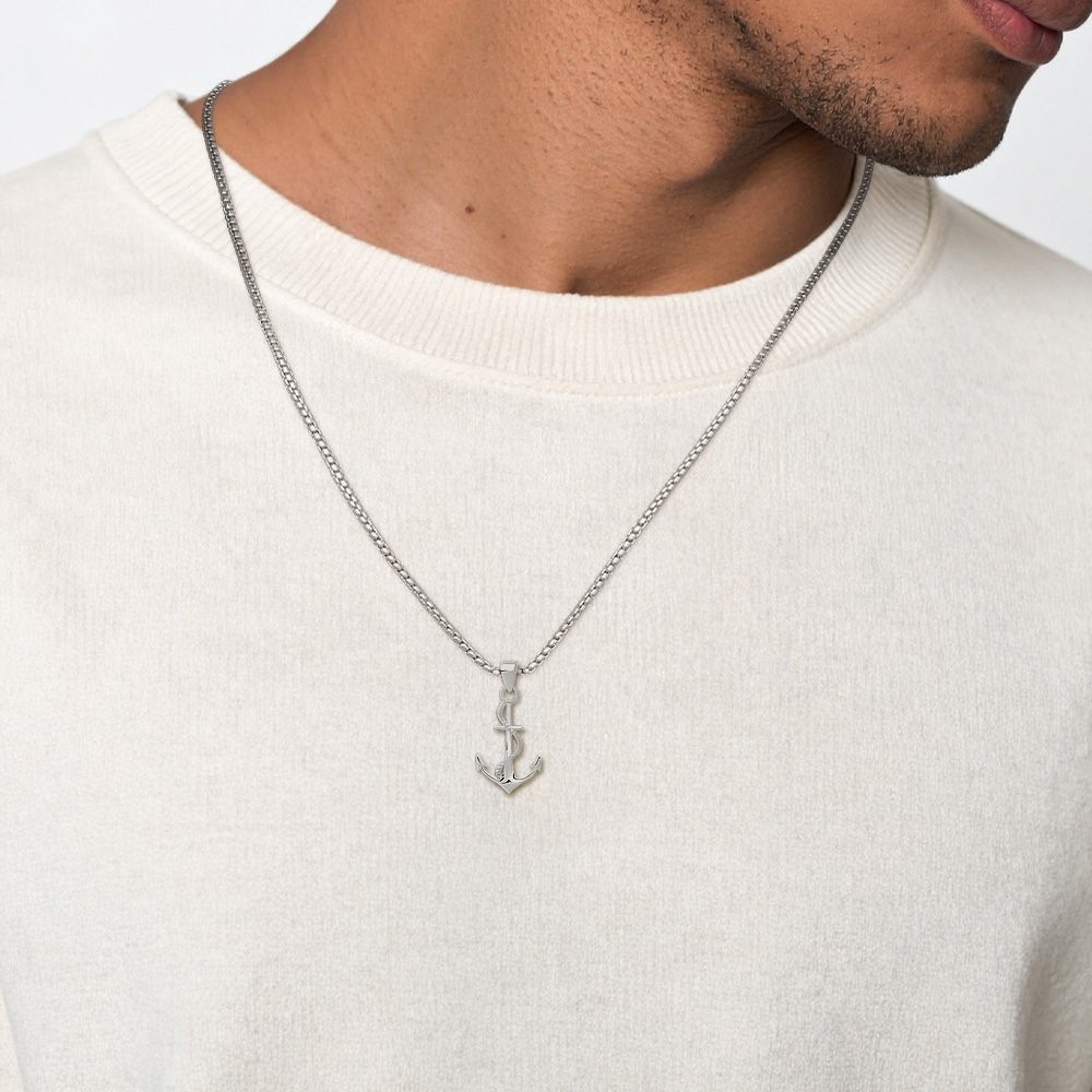 14K Solid White Gold Medium Anchor Mariner Rope Pendant Necklace 25.9mm 1 inch