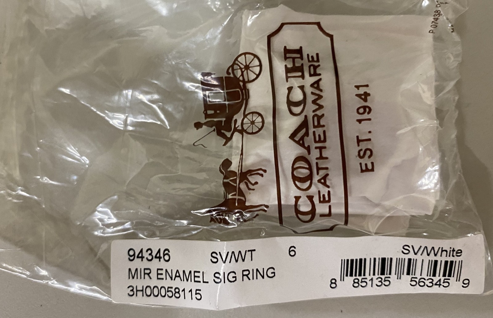NWT Coach Miranda Enamel Ring – White Sliver / Size 6 / 94346