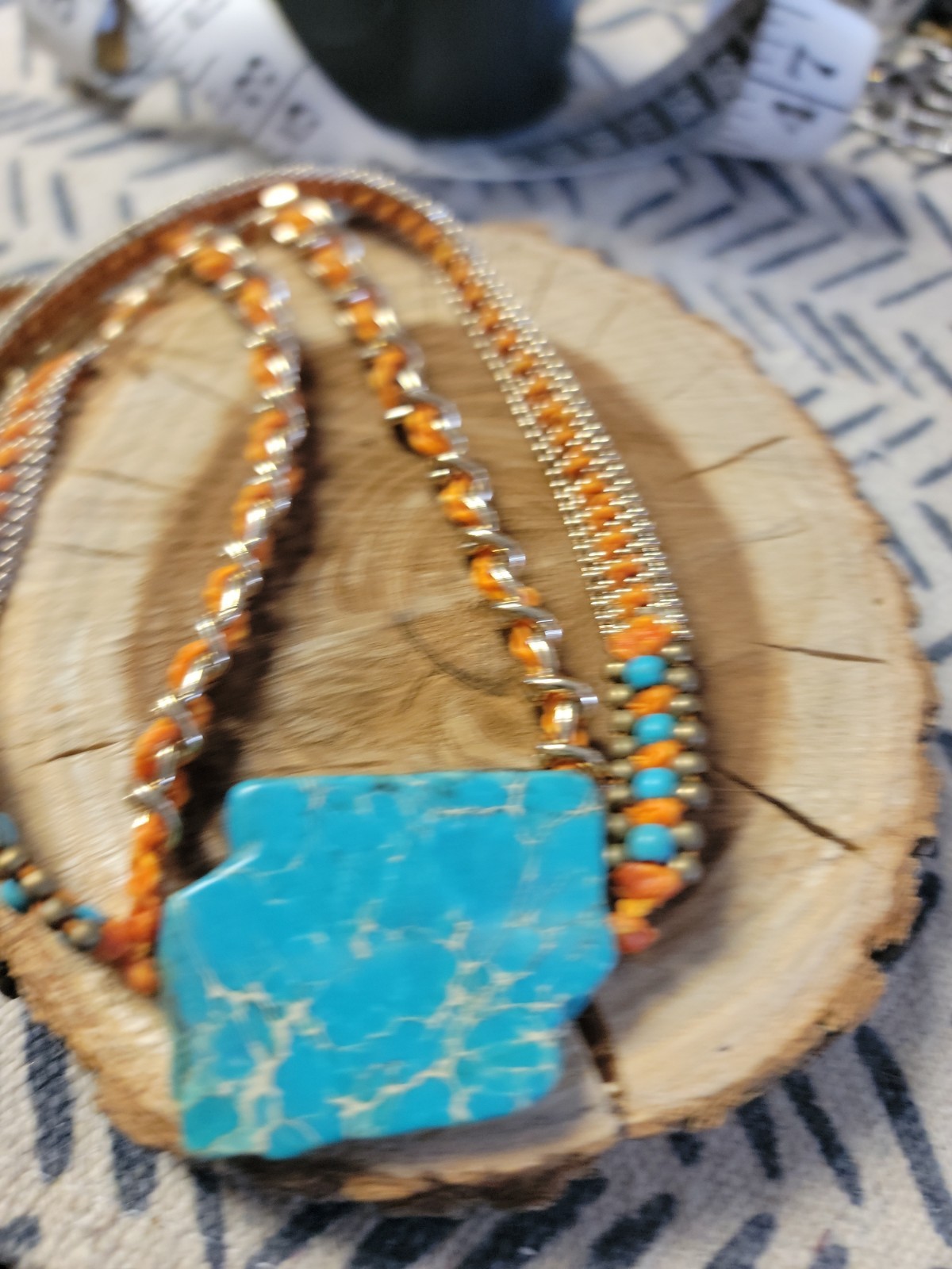 Boho Aqua Terra JASPER Pendant Woven Necklace Orange/ Turquoise
