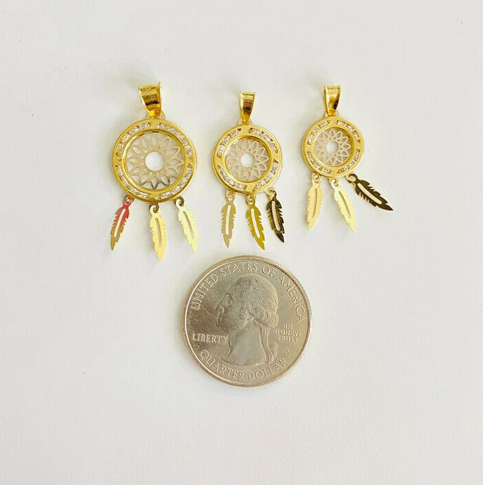 10K Solid Gold Dream catcher 2T Charm Pendant, 10k Real Gold Dreamcatcher- GP91
