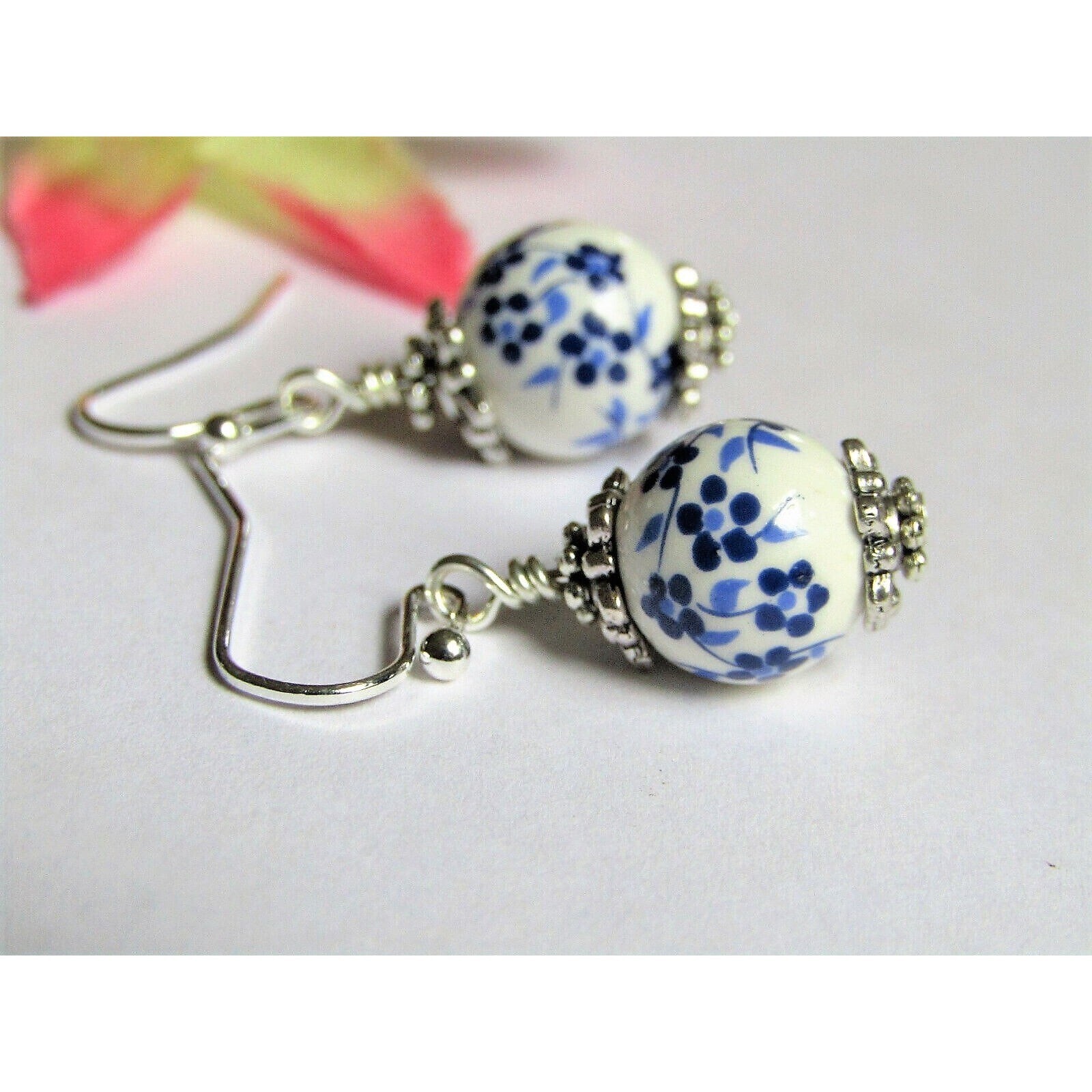 Silver Round Floral Ceramic, Simple Dangle Earrings, Flower Jewelry, Handmade