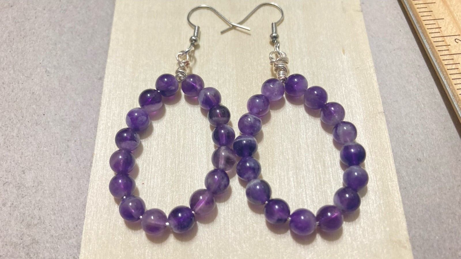 Purple Amethyst Oval Hoop Dangle Drop Bead Handmade Wire Wrap Earrings 2.5 Inch