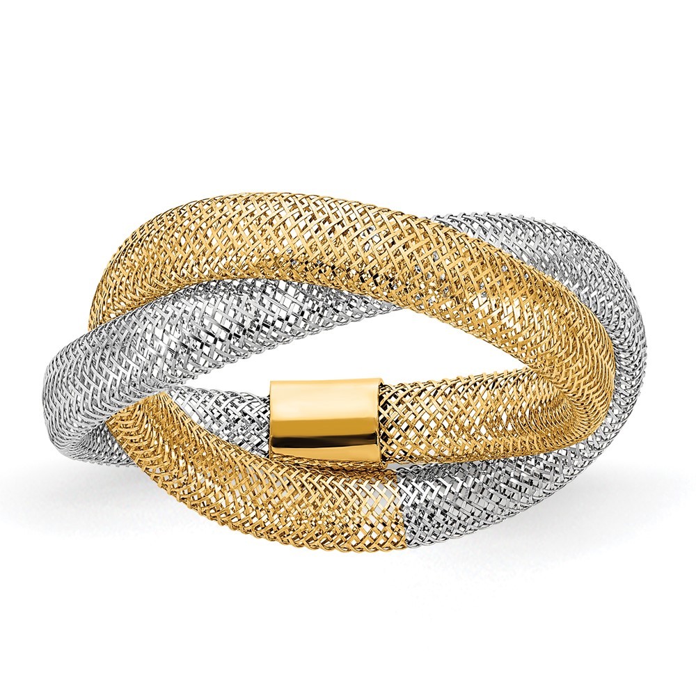14k Yellow Gold White Rhodium 8mm Twisted Woven Mesh Stretch Ring Sz 7 0.65 g
