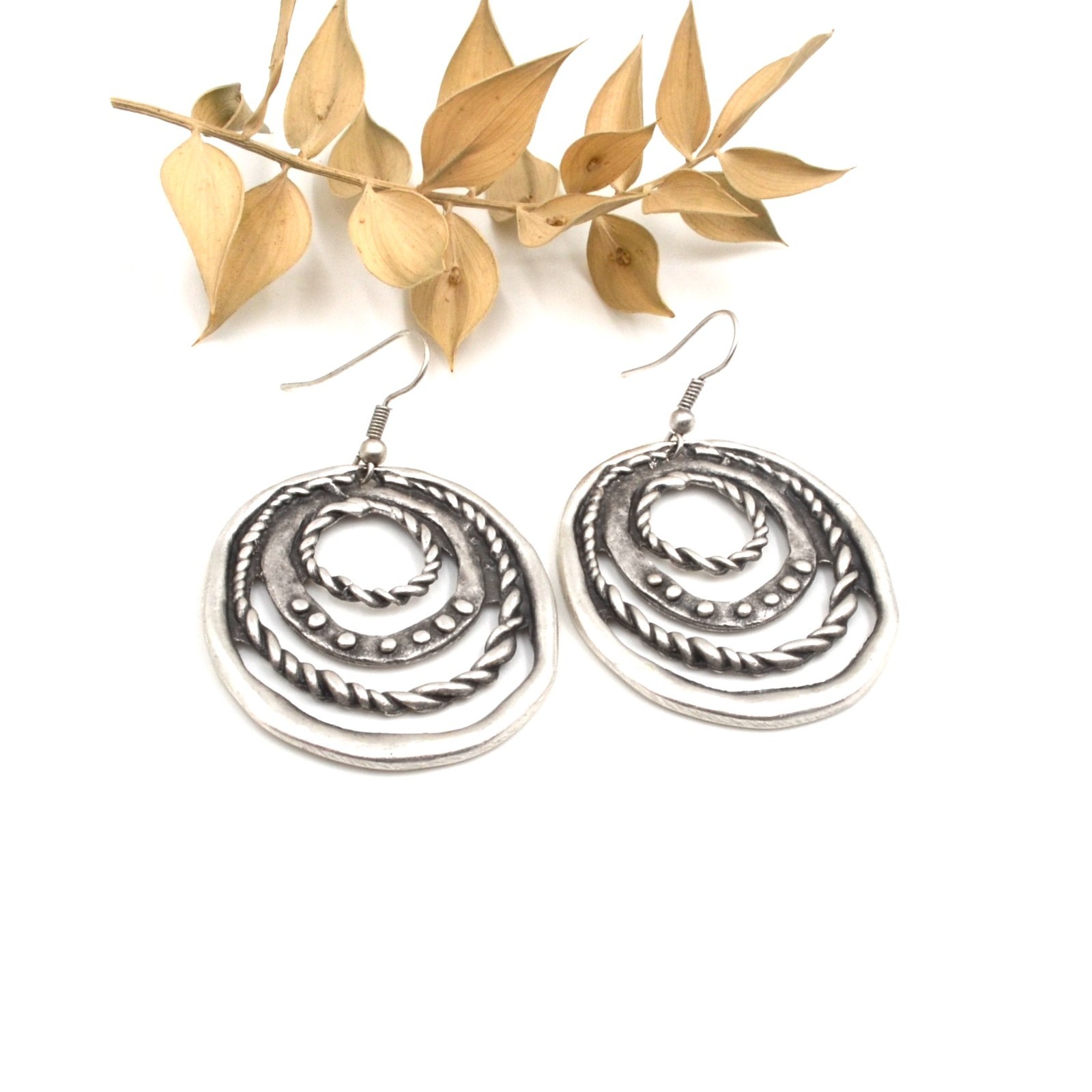 Ancient Silver Labyrinth Hoop Dangle Earrings Boho Tribal Concentric Circles