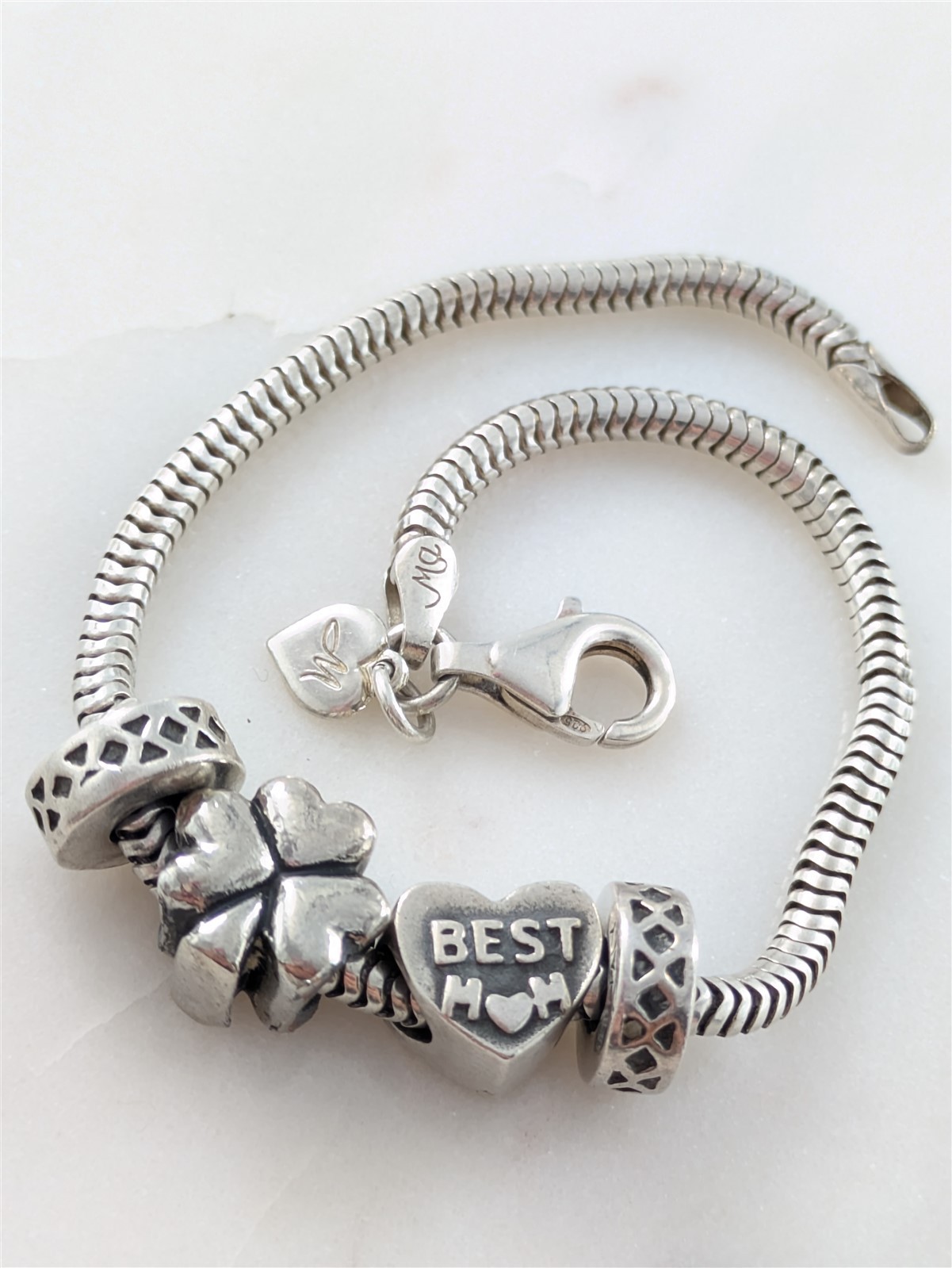MA Italy Vintage Sterling Silver Best Mom Heart Clover Beaded Bracelet 18 Grams