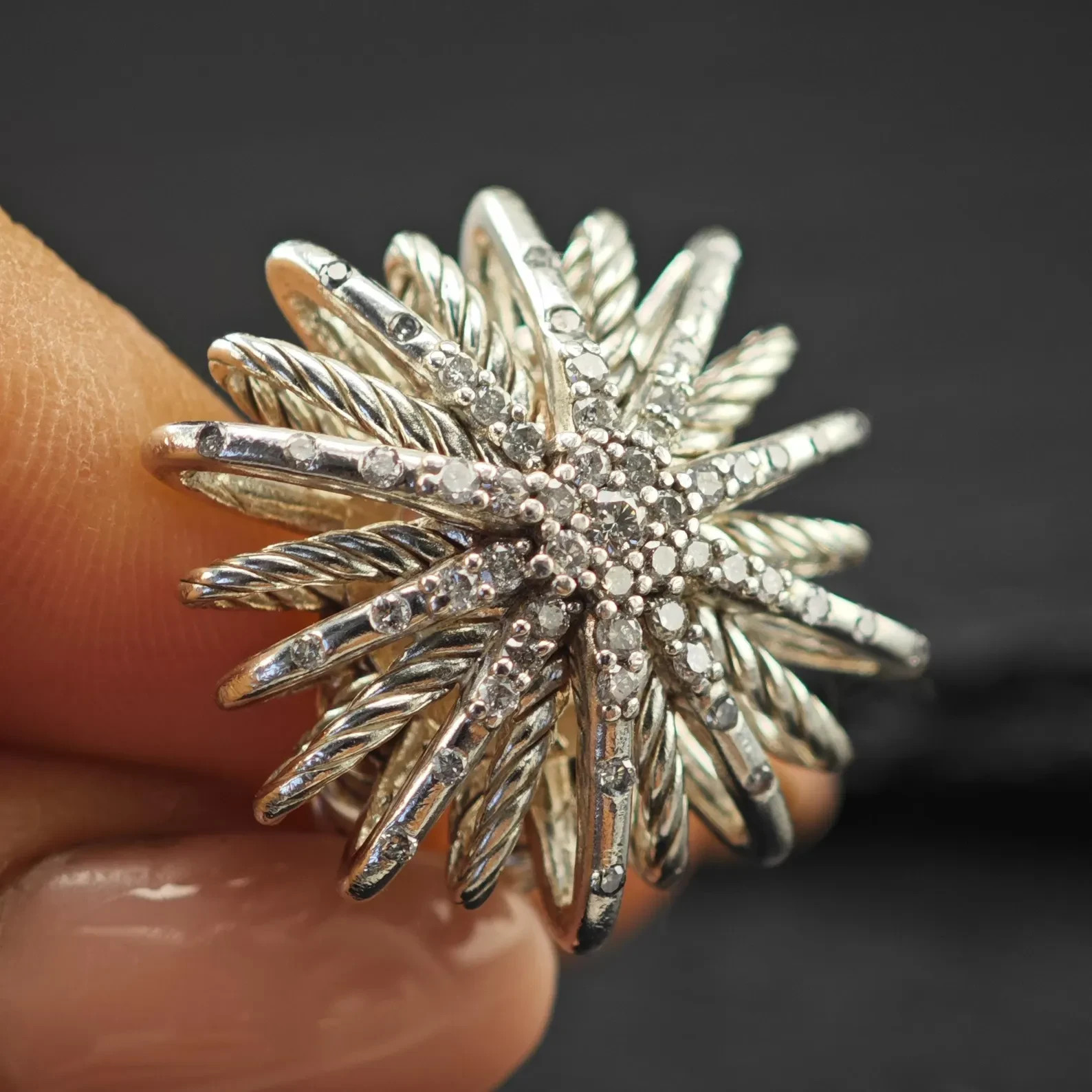 David Yurman 28mm Starburst Ring Sterling Silver 925 with Diamonds Size 7