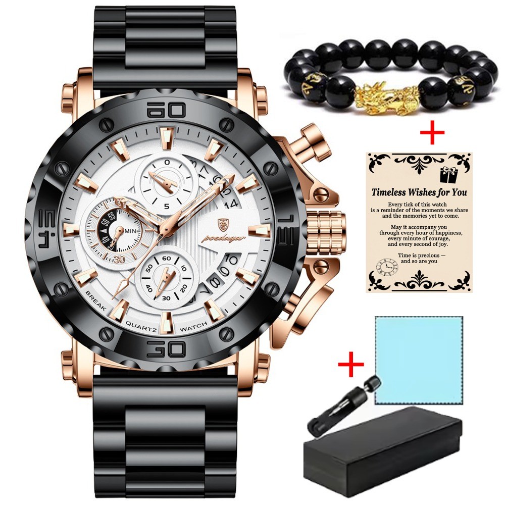 POEDAGAR Luxury Men’s Calendar Luminous Waterproof Stainless Steel Quartz Watch