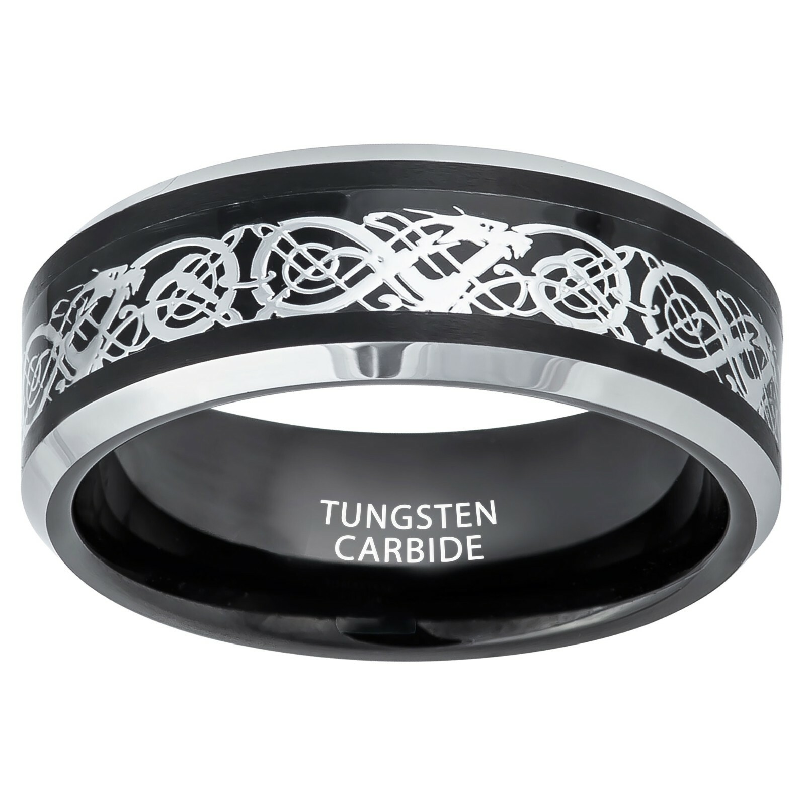 Tungsten Ring Two Tone Black Ion Plated w/ Celtic Cut-out Inlay 8mm Wedding