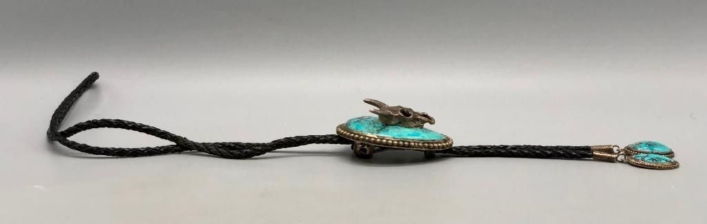 Turquoise Steer Head Bolo Tie Western Silver Leather Cord Statement Piece