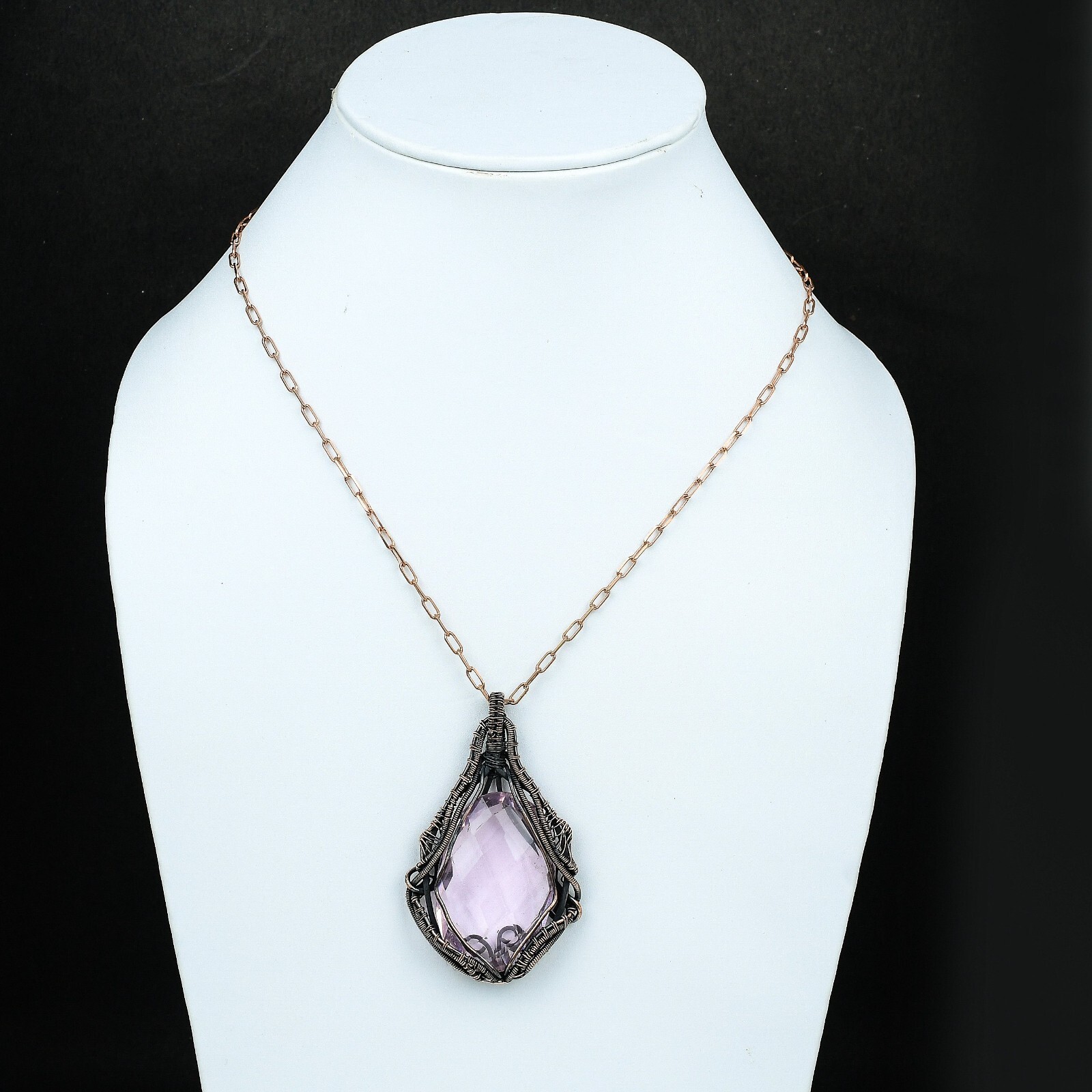 Pink Kunzite Wire Wrapped Pendant Handcrafted Copper Unique Jewelry 2.76″