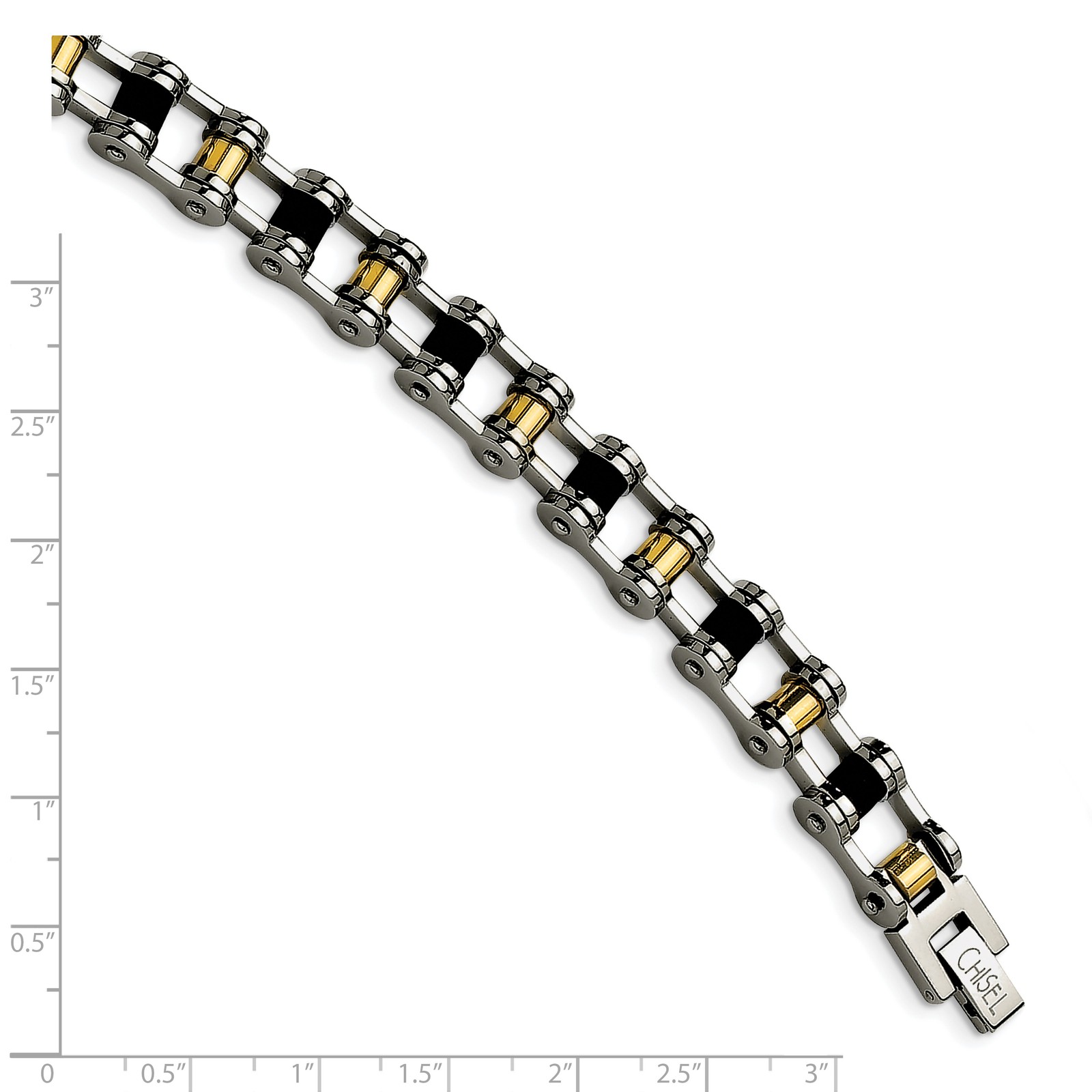 Chisel Stainless Steel Polished Yellow IP-plated with Black Rubber 8.75 inch Bra