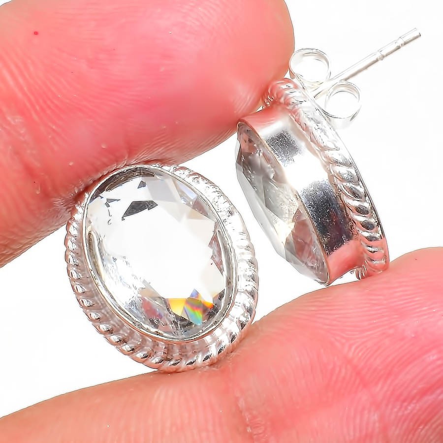 White Topaz Gemstone 925 Sterling Silver Jewelry Stud Earring Size 0.75″
