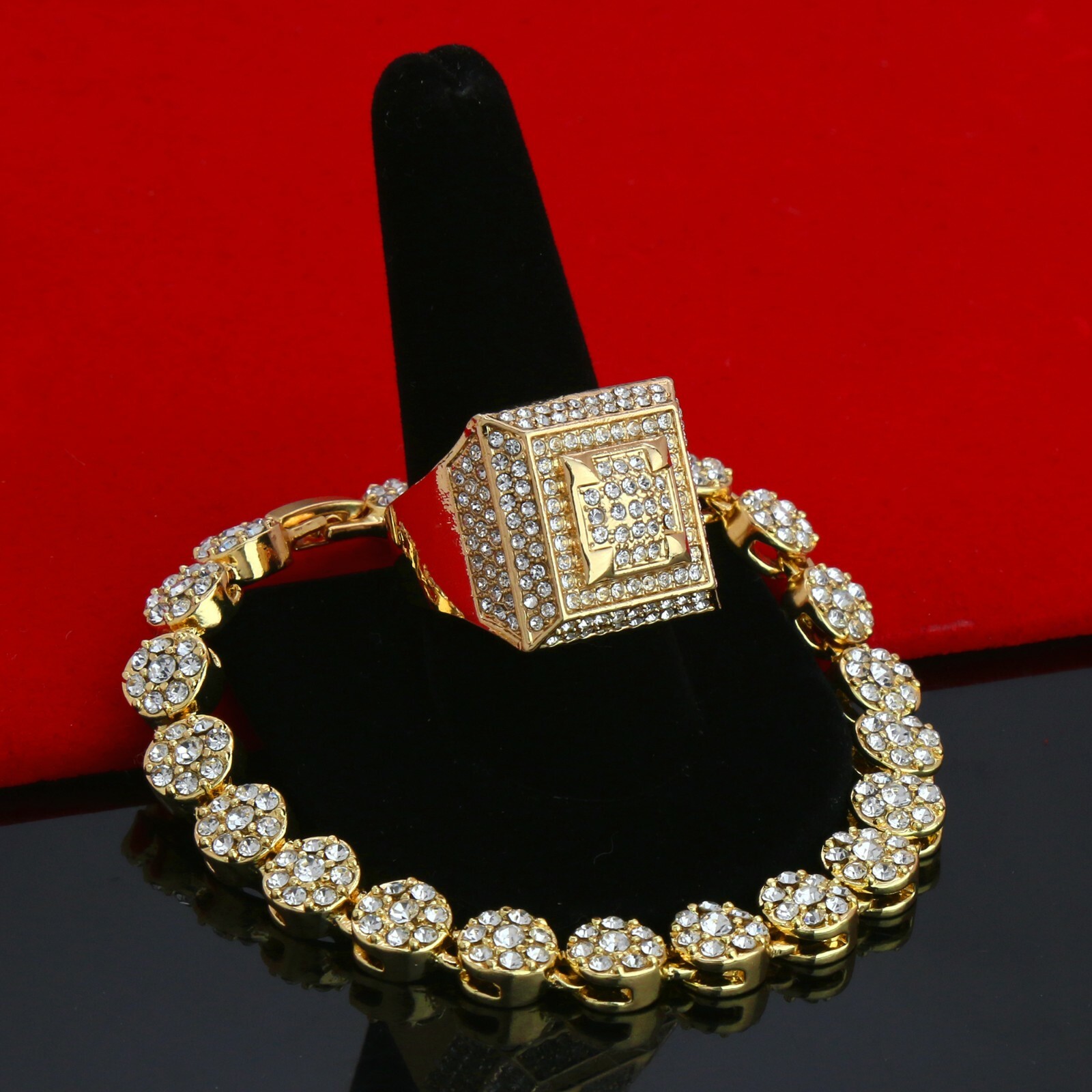 Men’s Gold Plated Iced Cubic-Zirconia Hip-Hop Round Flower Bracelet 3D Dome Ring