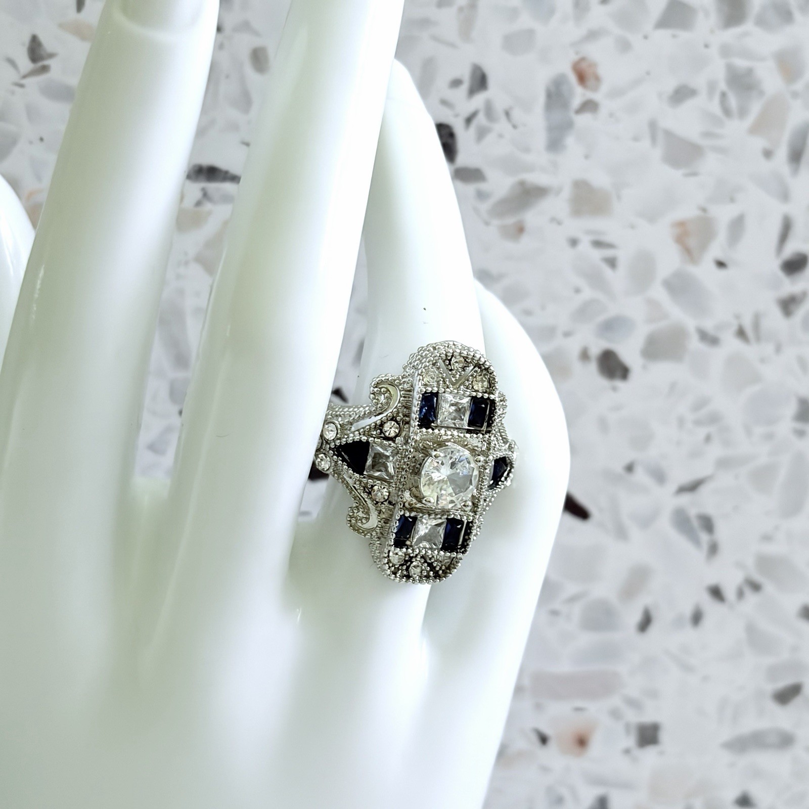 Art-Deco Filigree Cocktail Shield 14k Gold Simulated Sapphire Women’s Ring 6
