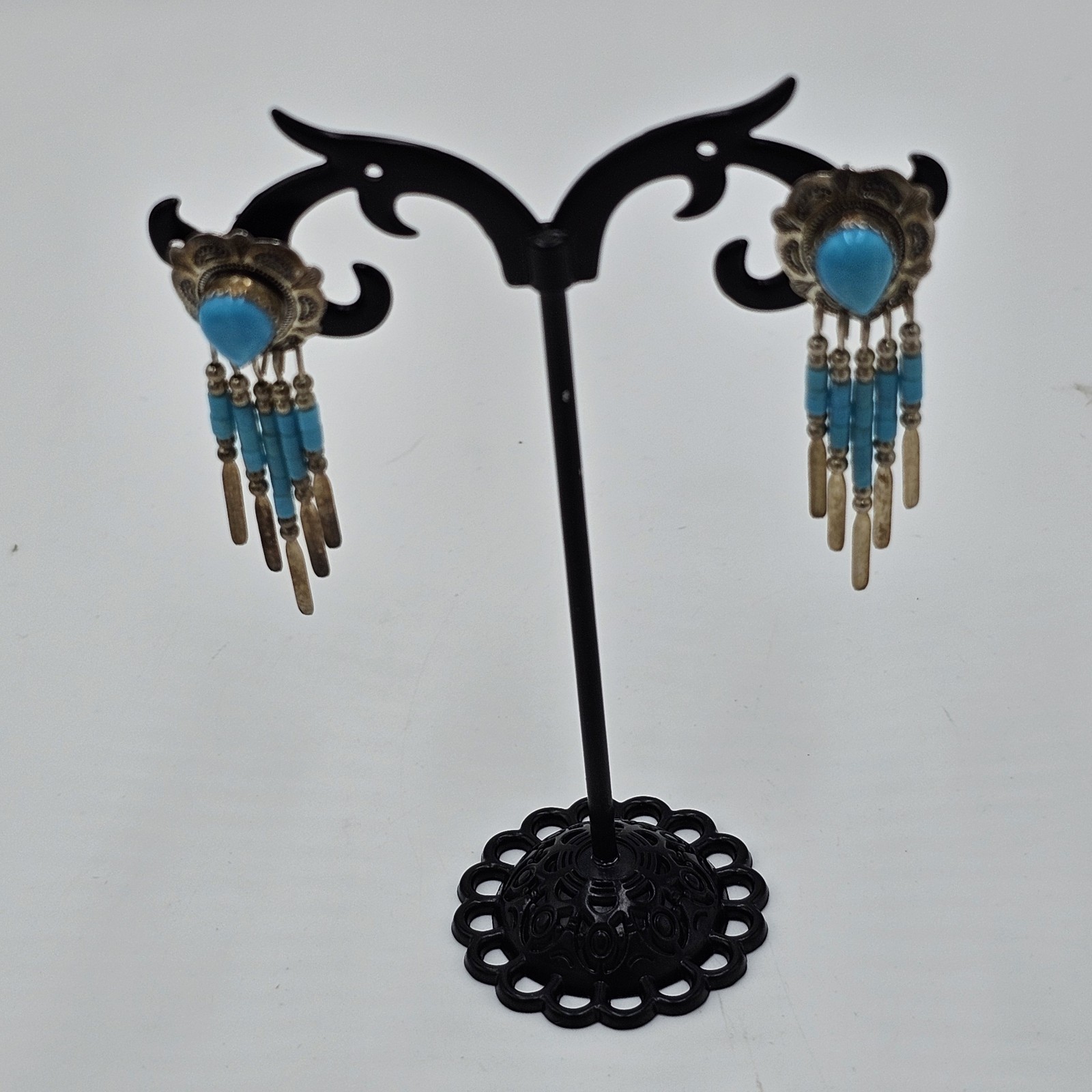 Vintage QUOC QT 925 Sterling Silver Turquoise Dangle Post Earrings Southwestern