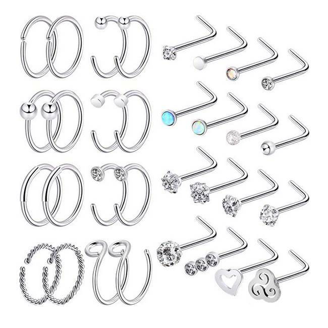 32PCS/LOT Nose Hoop & L/Bone/Screw Shaped Nose Studs Ear Lip Ring Piercing 20G