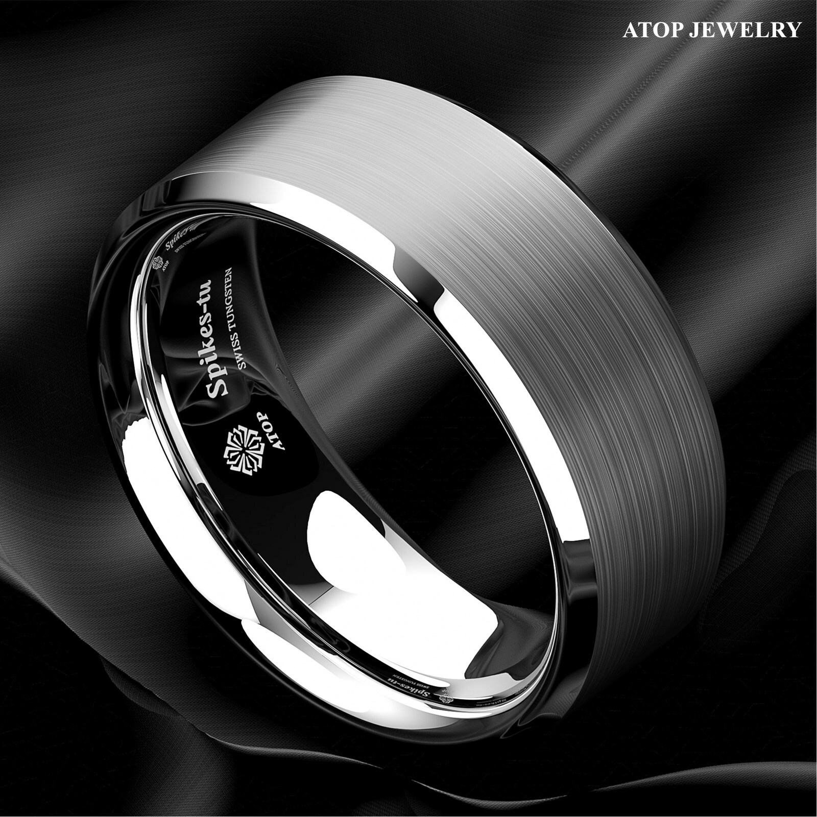 8mm Brushed Silver Tungsten Carbide Men’s Wedding Band Comfort Fit ATOP Ring