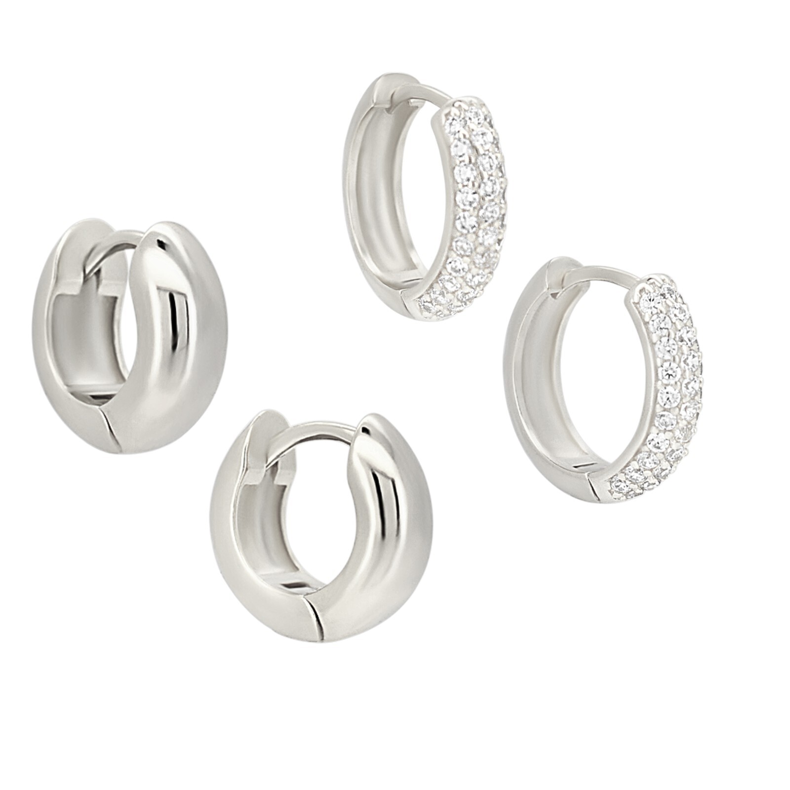 Pair – Plain and CZ Sterling Silver Huggies Earrings